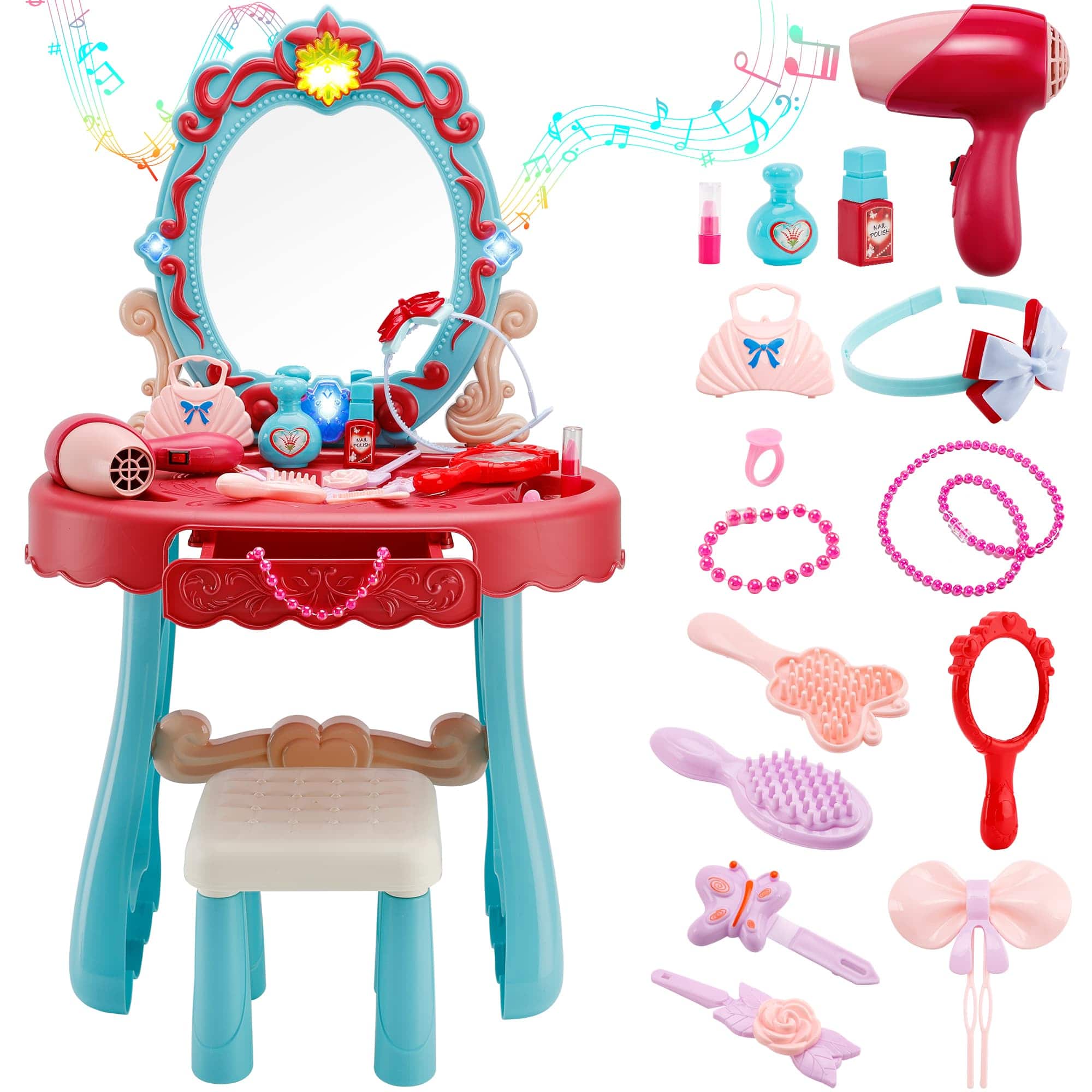Topteng - Kids Vanity Set with Lights & Music, 29PCS Accessories - Includes Mirror, Stool, Hair Dryer, Safe for Girls