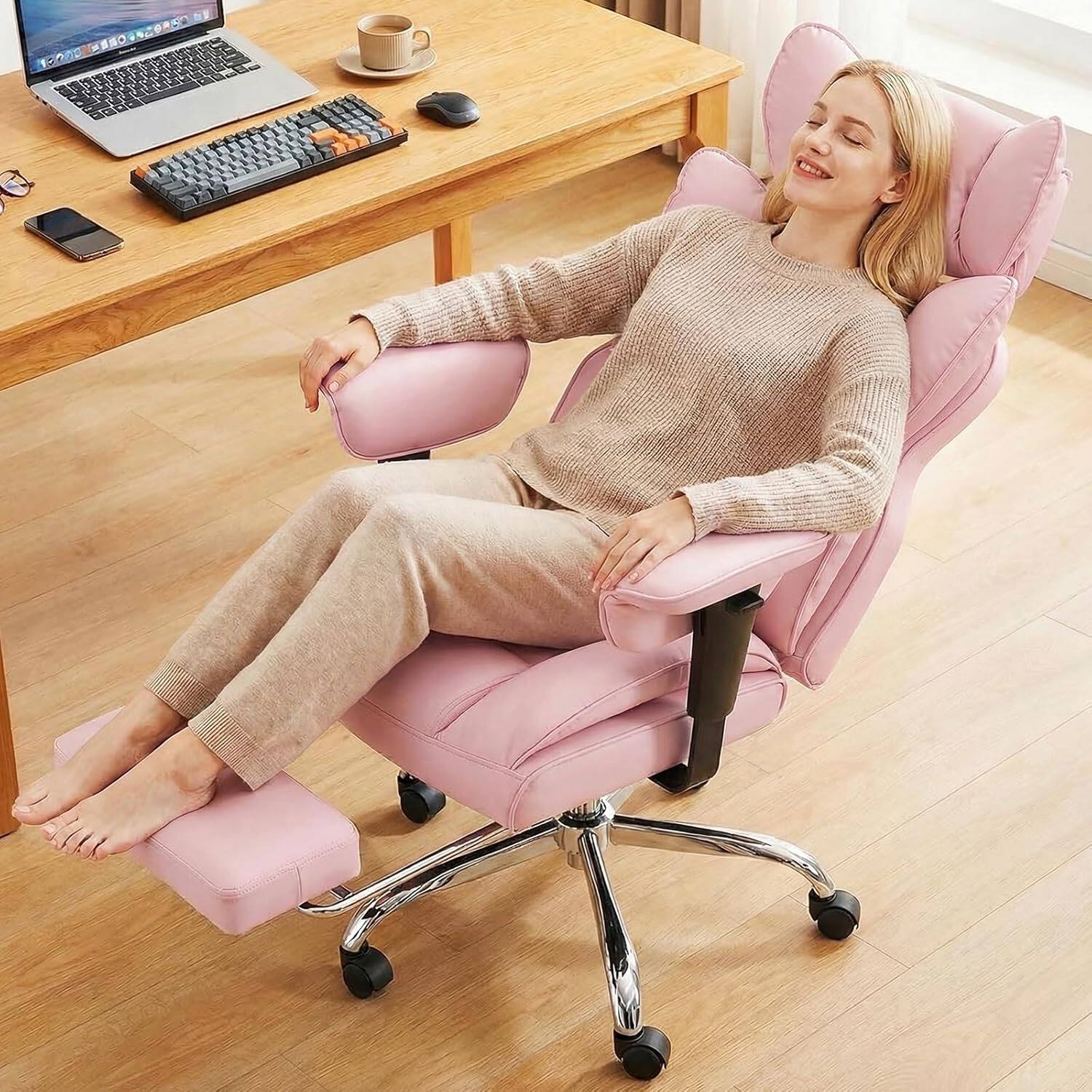 Angle. Sweet - High Back Executive Office Chair with Footrest and Adjustable Armrests , Big and Tall PU Leather Gaming Chair, Pink - Pink.