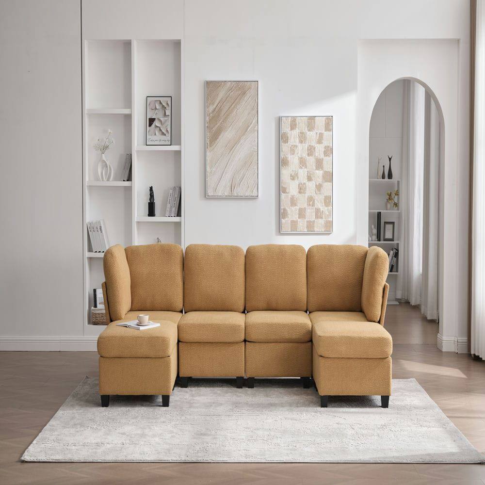 Angle. Resenkos - U-Shaped 6-Seat Sectional, Configurable Modular Design with Chaise and Storage Ottoman, Mustard Yellow - Yellow.