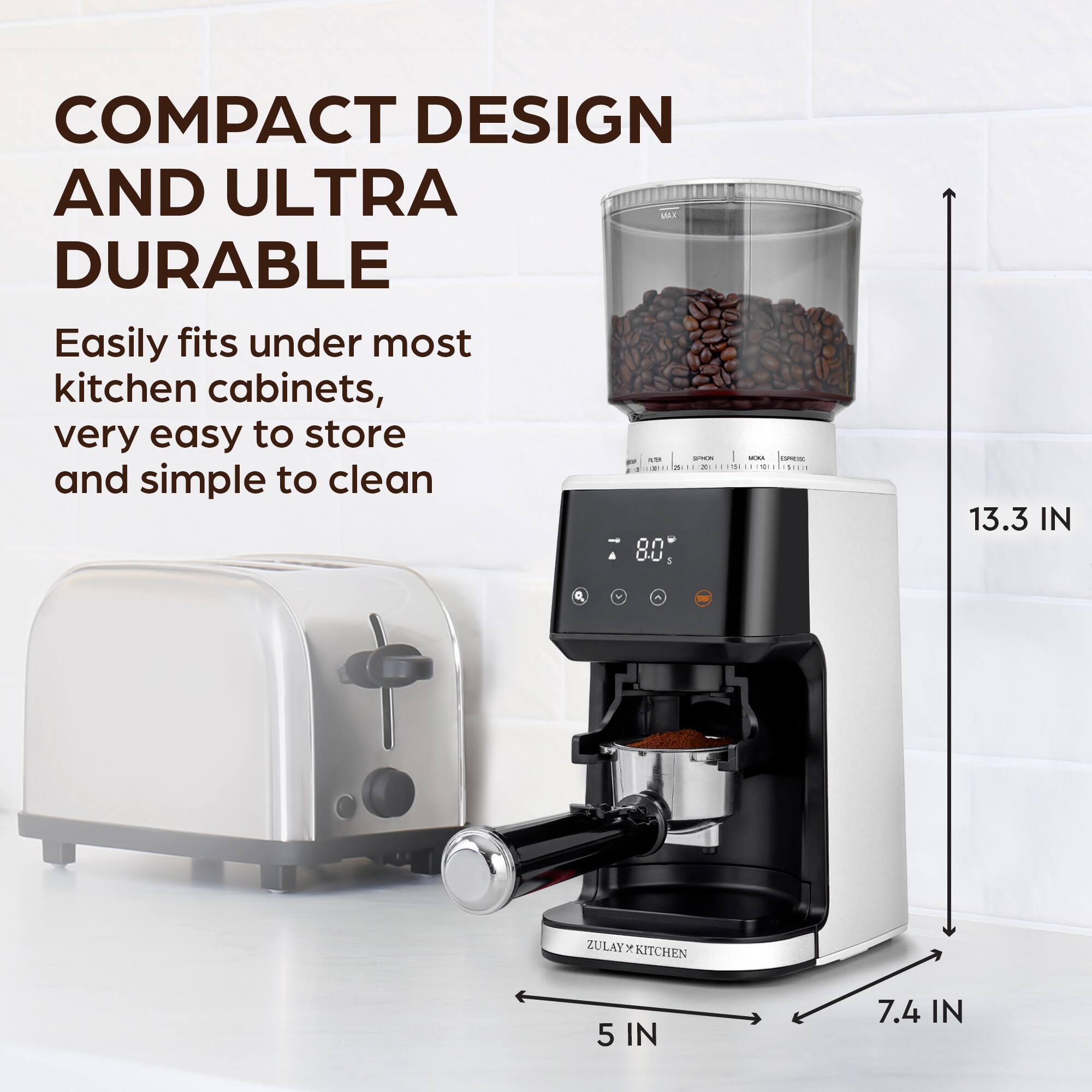 Alt View 3. Zulay Kitchen - Zulay Kitchen Conical Espresso Burr Coffee Grinder - Touchscreen, 51 Bean Grind Settings, Precision Electric Timer - White.