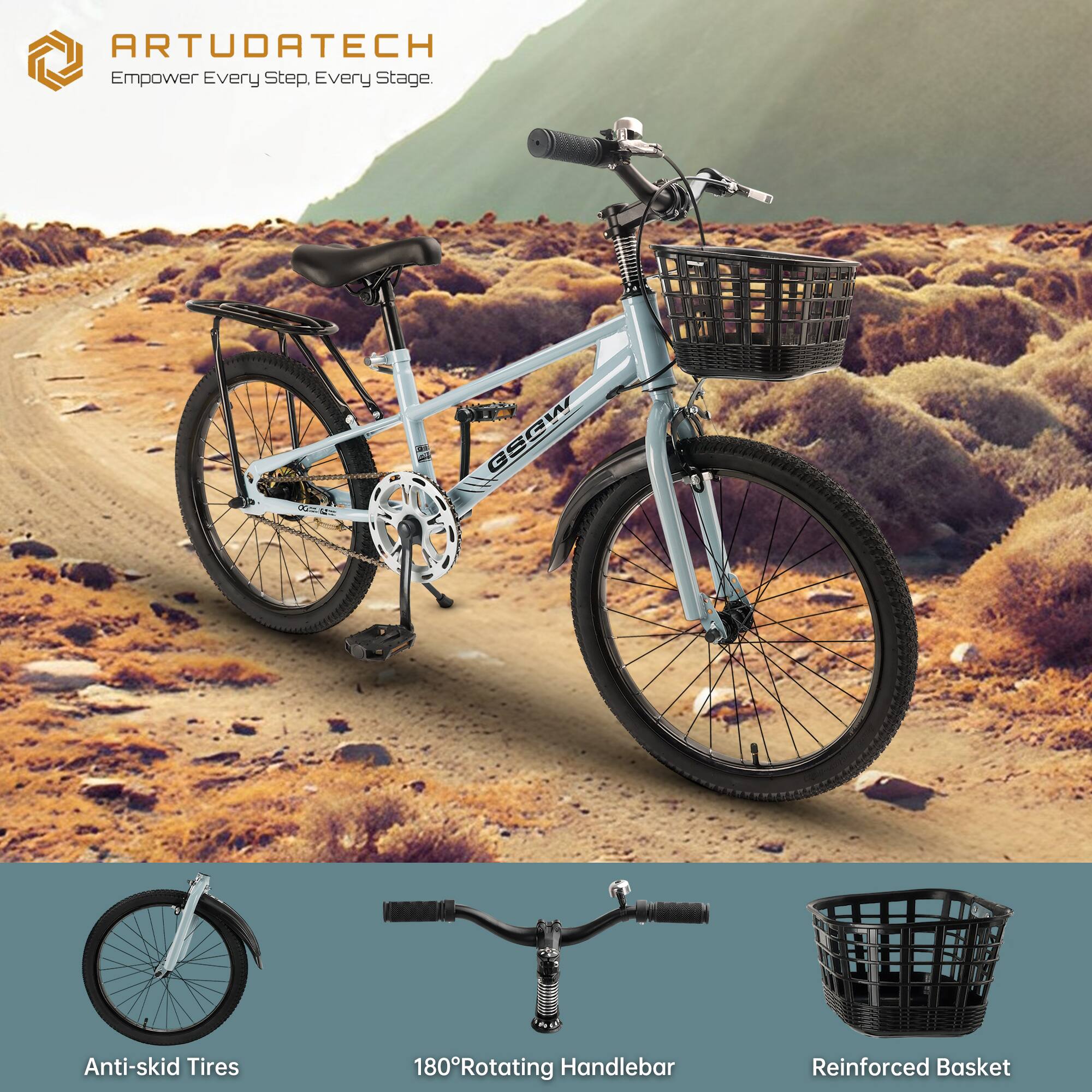 ARTUDATECH  
Empower Every Step, Every Stage.

Anti-skid Tires  
180° Rotating Handlebar  
Reinforced Basket