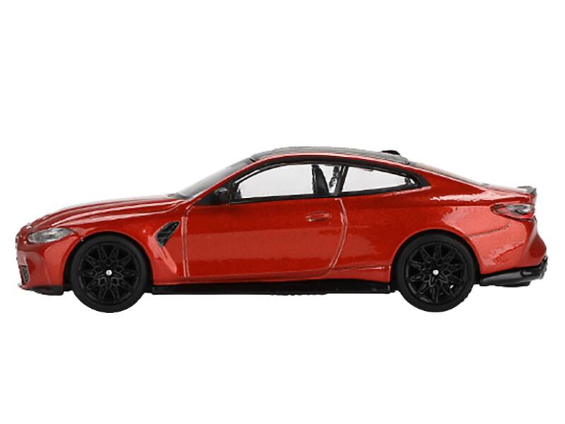 Angle. Mini GT - BMW M4 Competition Sakhir Orange Metallic with Carbon Top Limited Edition 1/64 Diecast Model Car by Mini GT - Orange Metallic with Carbon.