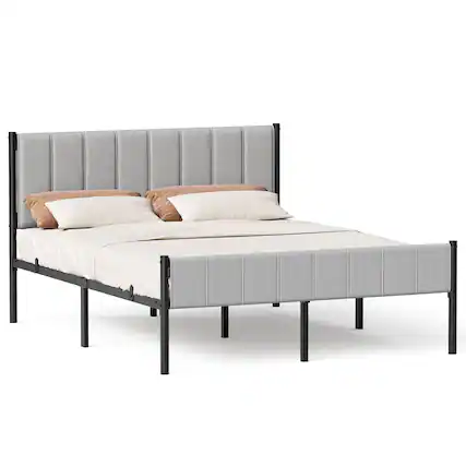 Front. Songmics Home - Queen Bed Frame with Upholstered Headboard, Metal Bed Frame Queen Size with Footboard, 1100 lb Weight Capacity - Dove Gray.
