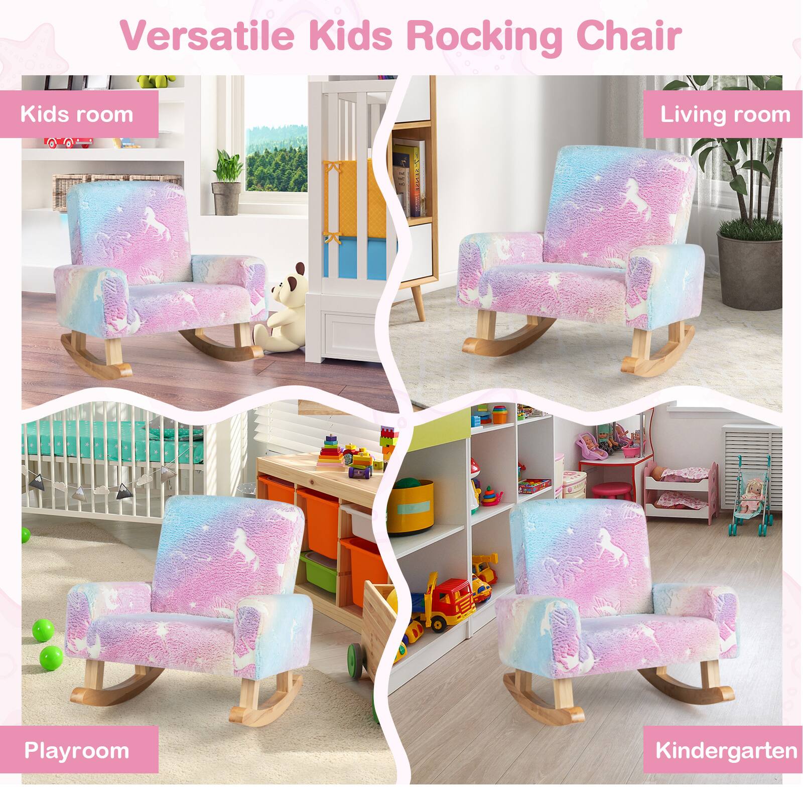 Versatile Kids Rocking Chair

Kids room  
Living room  
Playroom  
Kindergarten