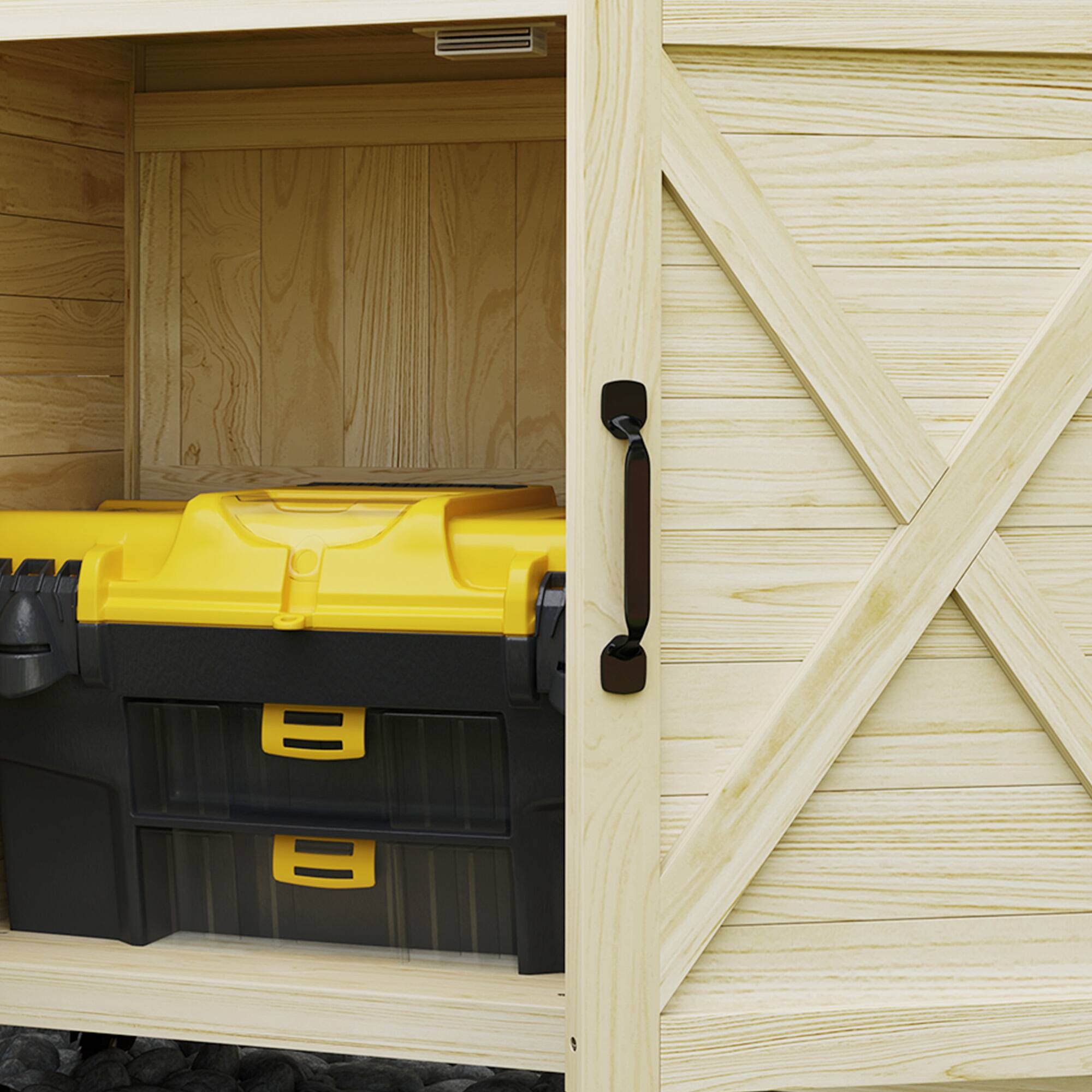 Alt View 8. Outsunny - Outdoor Wooden Potting Bench Table, Garden Workstation with Storage Cabinet, Aluminum Table Top, Rubber Wheels - Natural Wood.