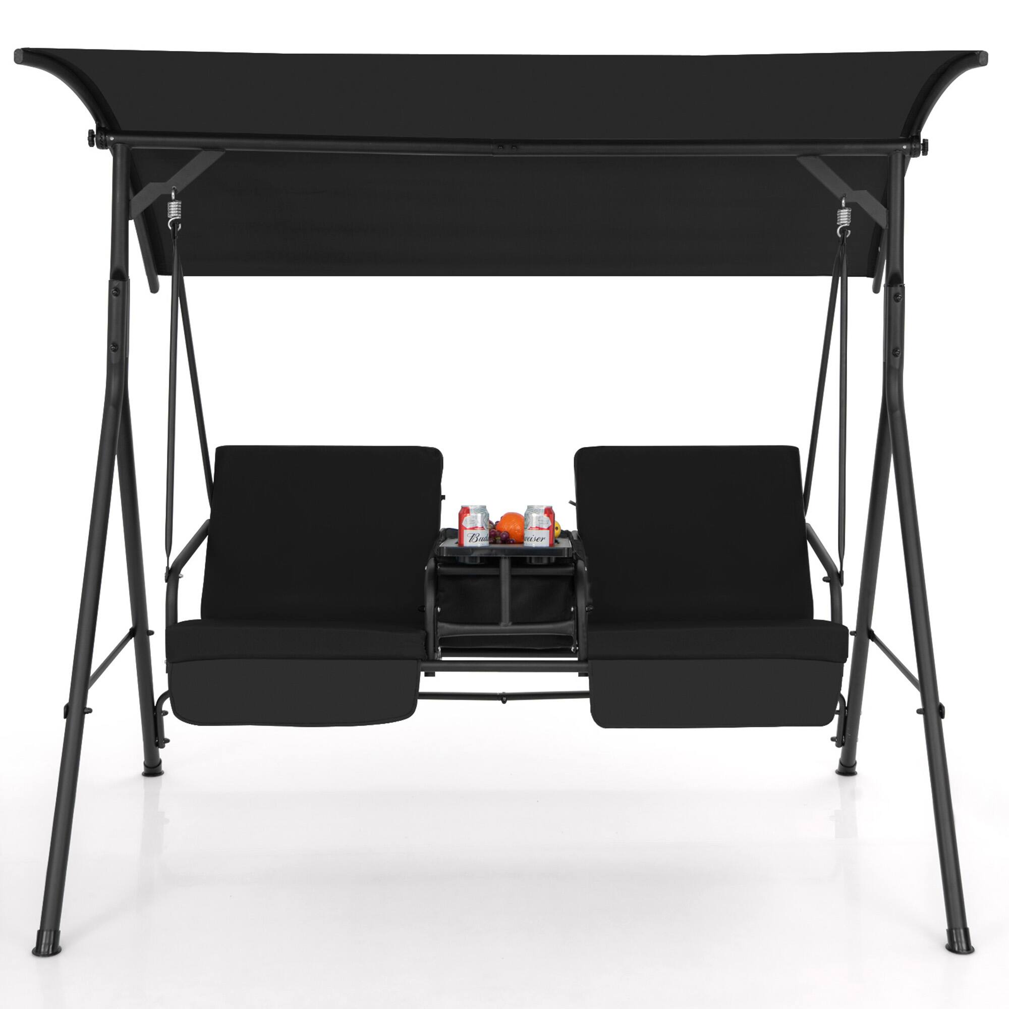 Alt View 9. Gymax - Gymax 2-Person Canopy Porch Swing Padded Chair Cooler Bag Rotatable Tray Black - Black.