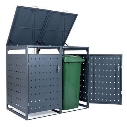 Front. Gymax - Gymax Metal Garbage Bin Storage Shed for2Trash Cans44CU.FT Double Trash Can Enclosure - Grey.