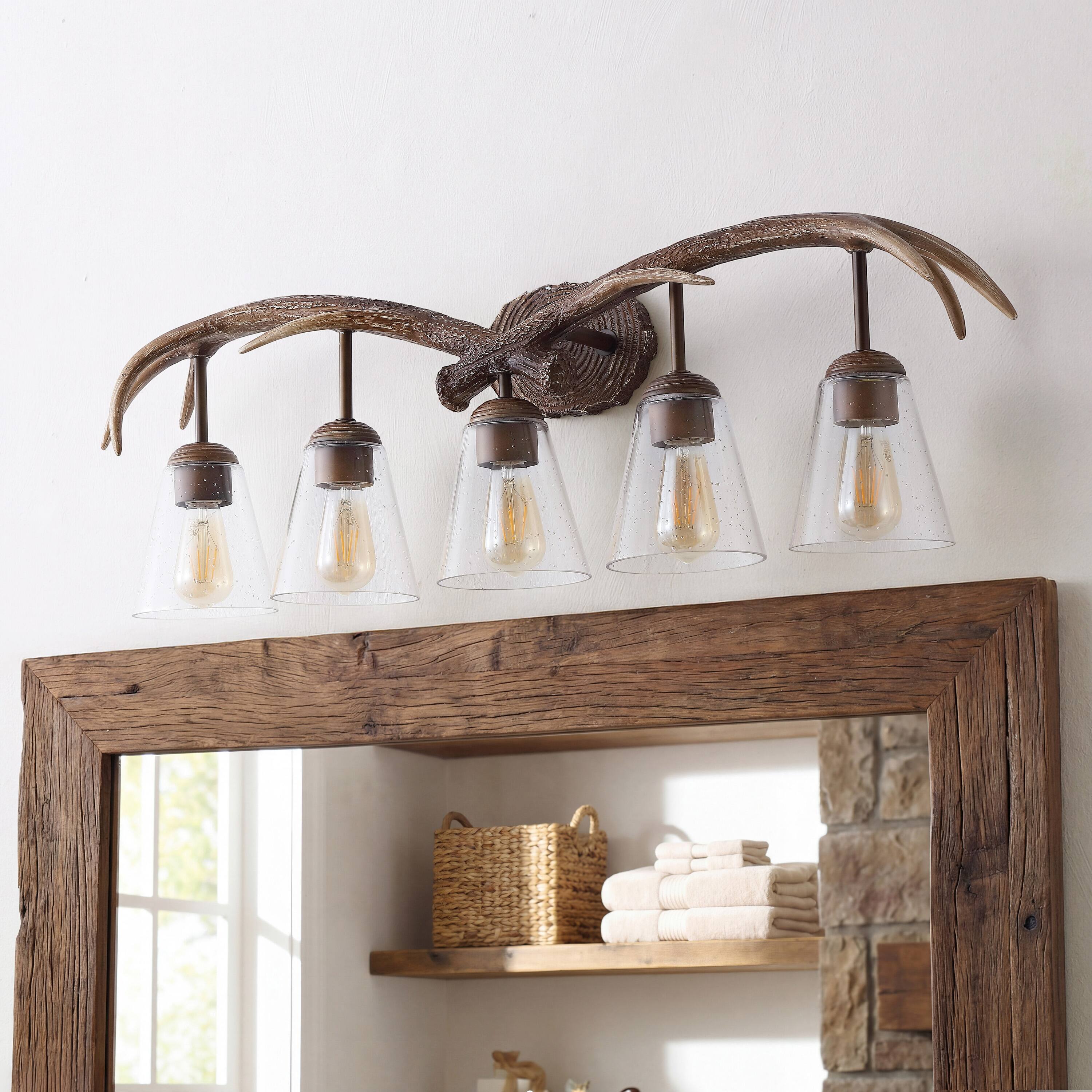 Alt View 5. Jonathan Y - Wyatt 37.75" 5-Light Southwestern Bohemian Resin/Seeded Glass Faux Antler LED Vanity Light, Brown Wood Finish - Brown Wood Finish.