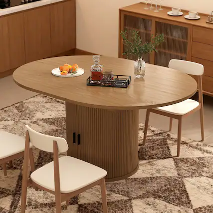 Front. Dyonery - Extendable Round Dining Table, 43-59 Inch Dining Room Kitchen Table with 2-Tier Storage Shelf With base,wood tabletop - Walnut.