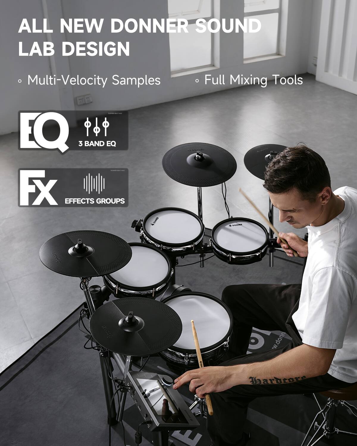 ALL NEW DONNER SOUND LAB DESIGN

- Multi-Velocity Samples
- Full Mixing Tools

EQ
3 BAND EQ

Fx
EFFECTS GROUPS