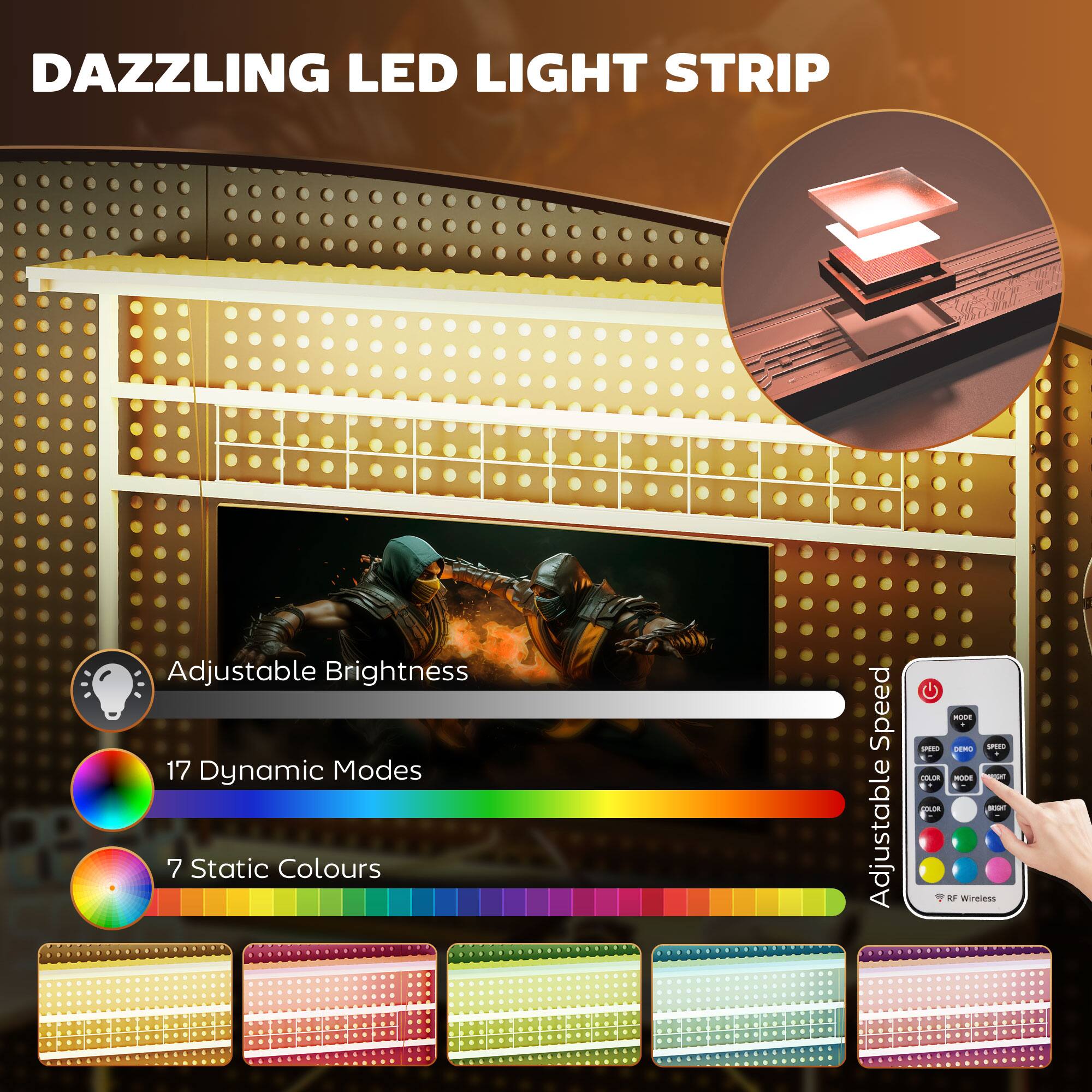 DAZZLING LED LIGHT STRIP
Adjustable Brightness
17 Dynamic Modes
7 Static Colours
Adjustable Speed
RF Wireless