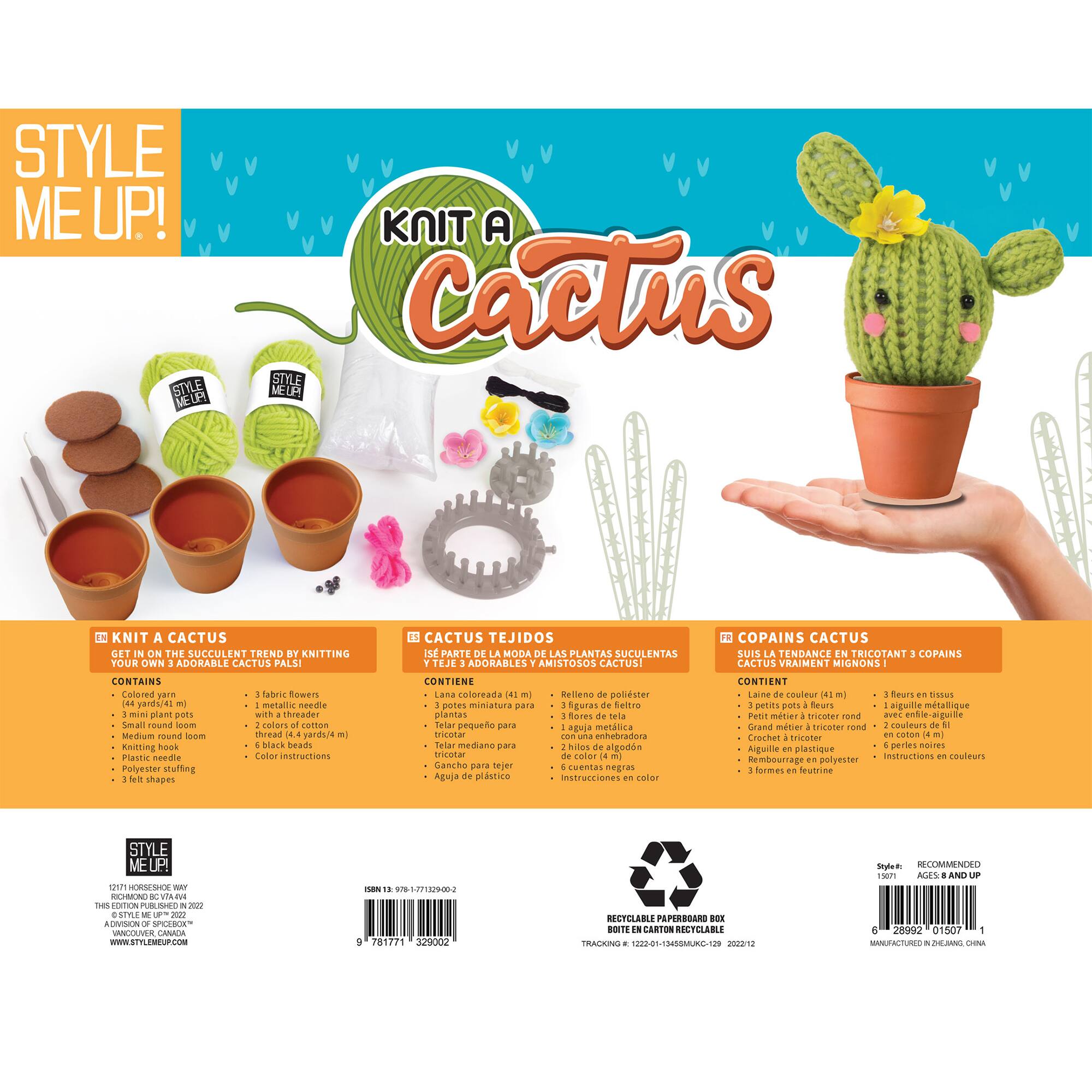 STYLE ME UP! KNIT A CACTUS

Get on the succulent trend by knitting your own adorable cactus pals!

Contains:
- Colored pearl yarn/e-plant pots (Small, Medium, Large)
- Knitting hook
- Plastic needles
- Polyester stuffing
- Shape templates
- Thread
- Beads
- Color instructions

Knitting pattern for 6 cute cactus pals.