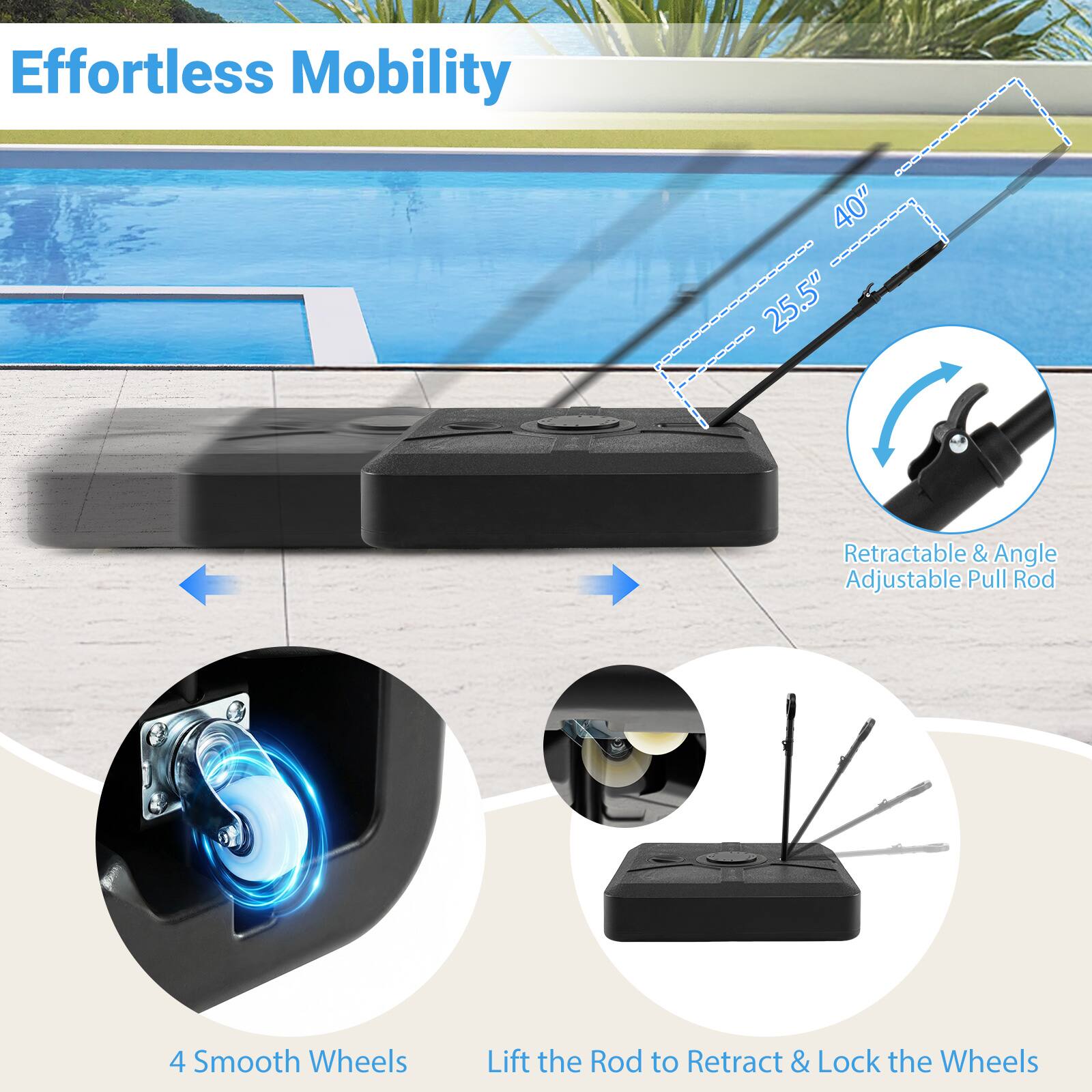 Effortless Mobility

40" 25.5" Retractable & Angle Adjustable Pull Rod

4 Smooth Wheels

Lift the Rod to Retract & Lock the Wheels