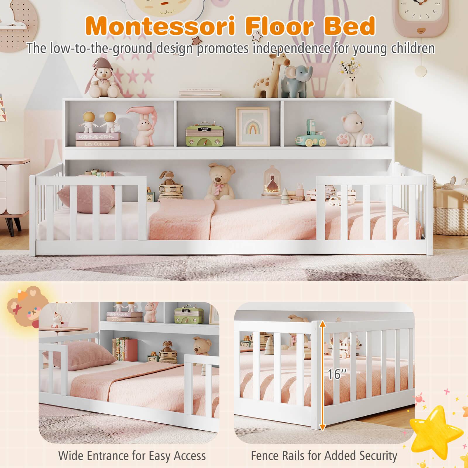 The Montessori Floor Bed is designed to promote independence for young children. It features a low-to-the-ground design and a 16" wide entrance for easy access. Additionally, the bed includes fence rails for added security.