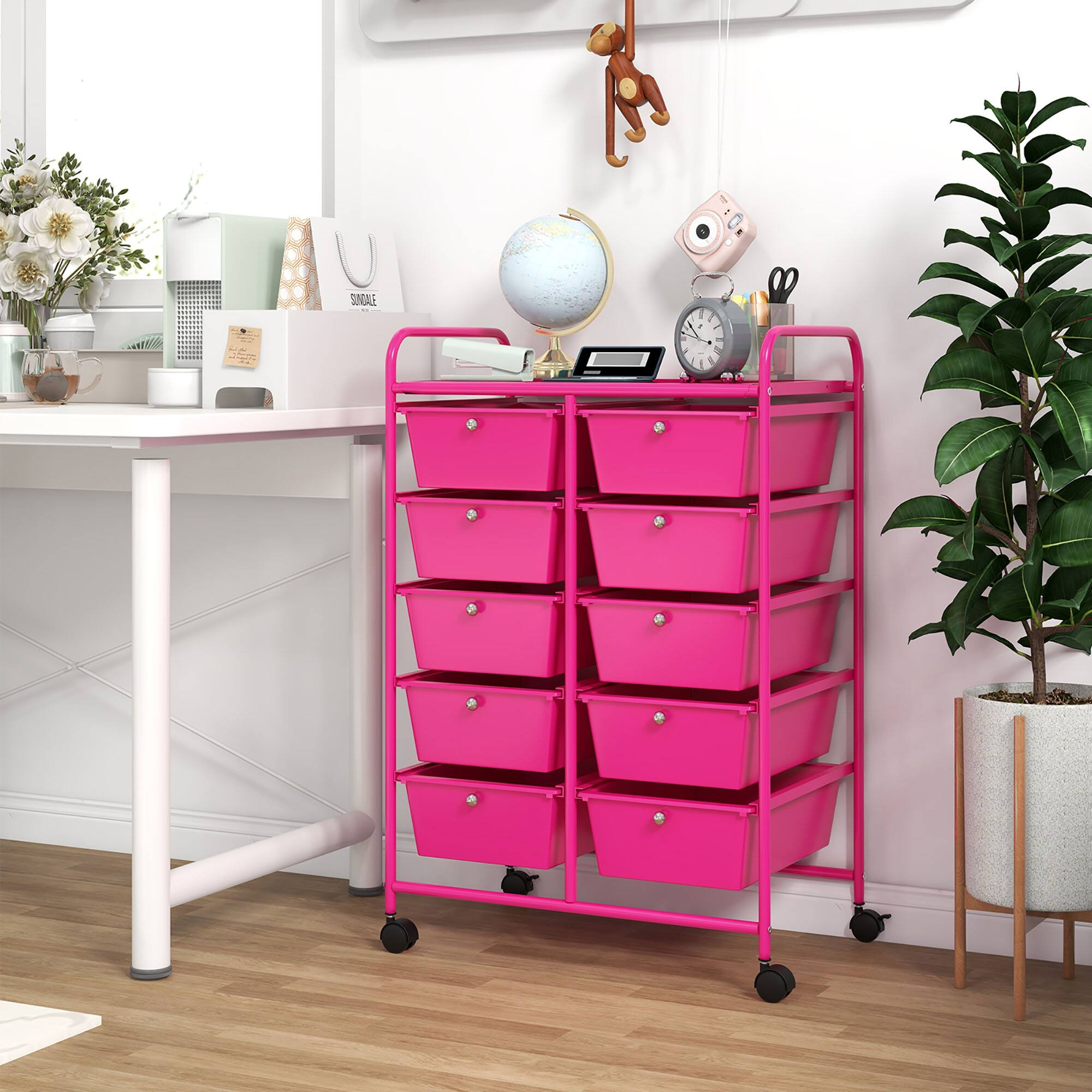Alt View 5. Gymax - Gymax 10-Drawer Storage Cart Utility Rolling Trolley Kitchen Organizer Hot Pink - Hot Pink.
