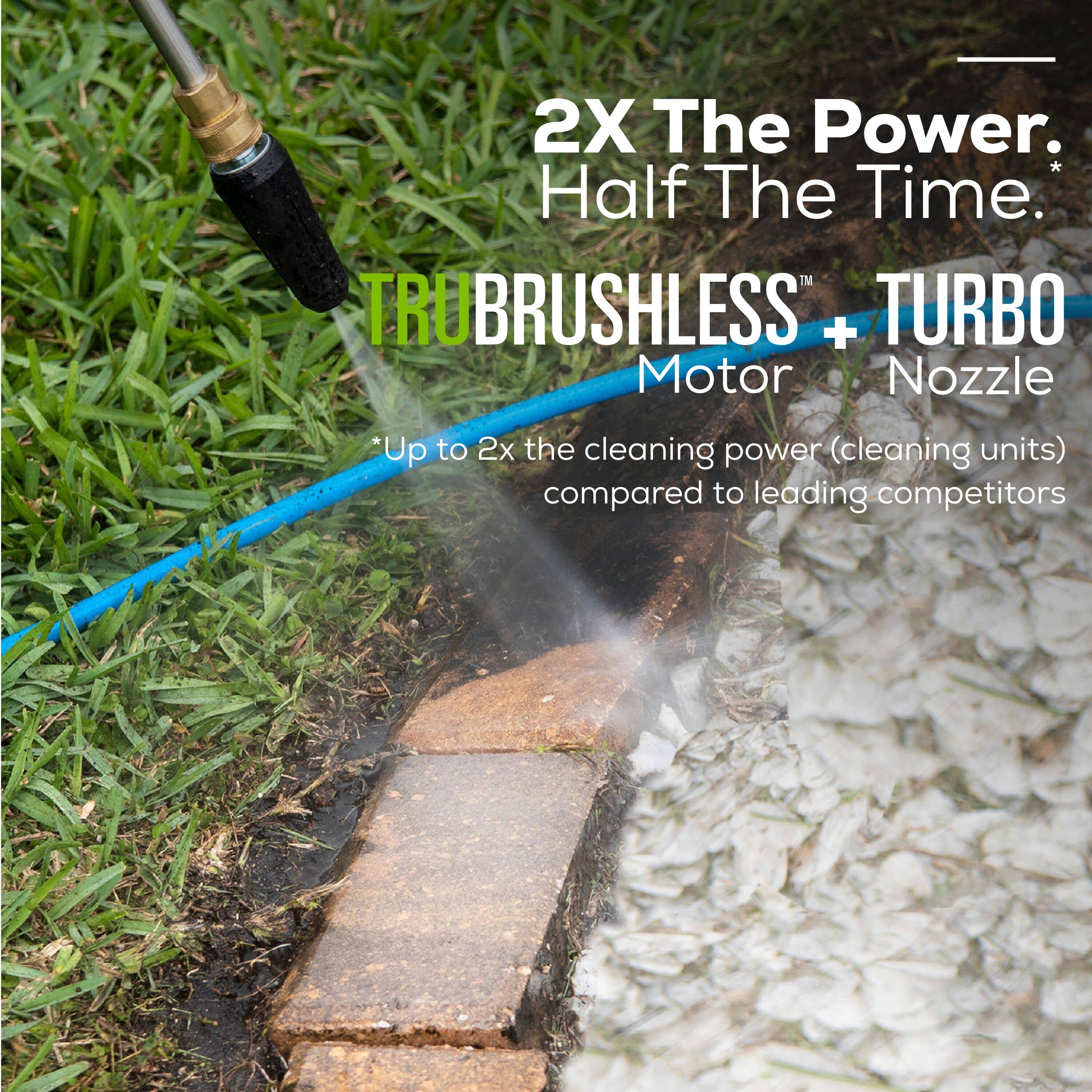 "2X The Power. Half The Time. TRUBRUSHLESS + TURBO Motor Nozzle: Up to 2x the cleaning power (cleaning units) compared to leading competitors."