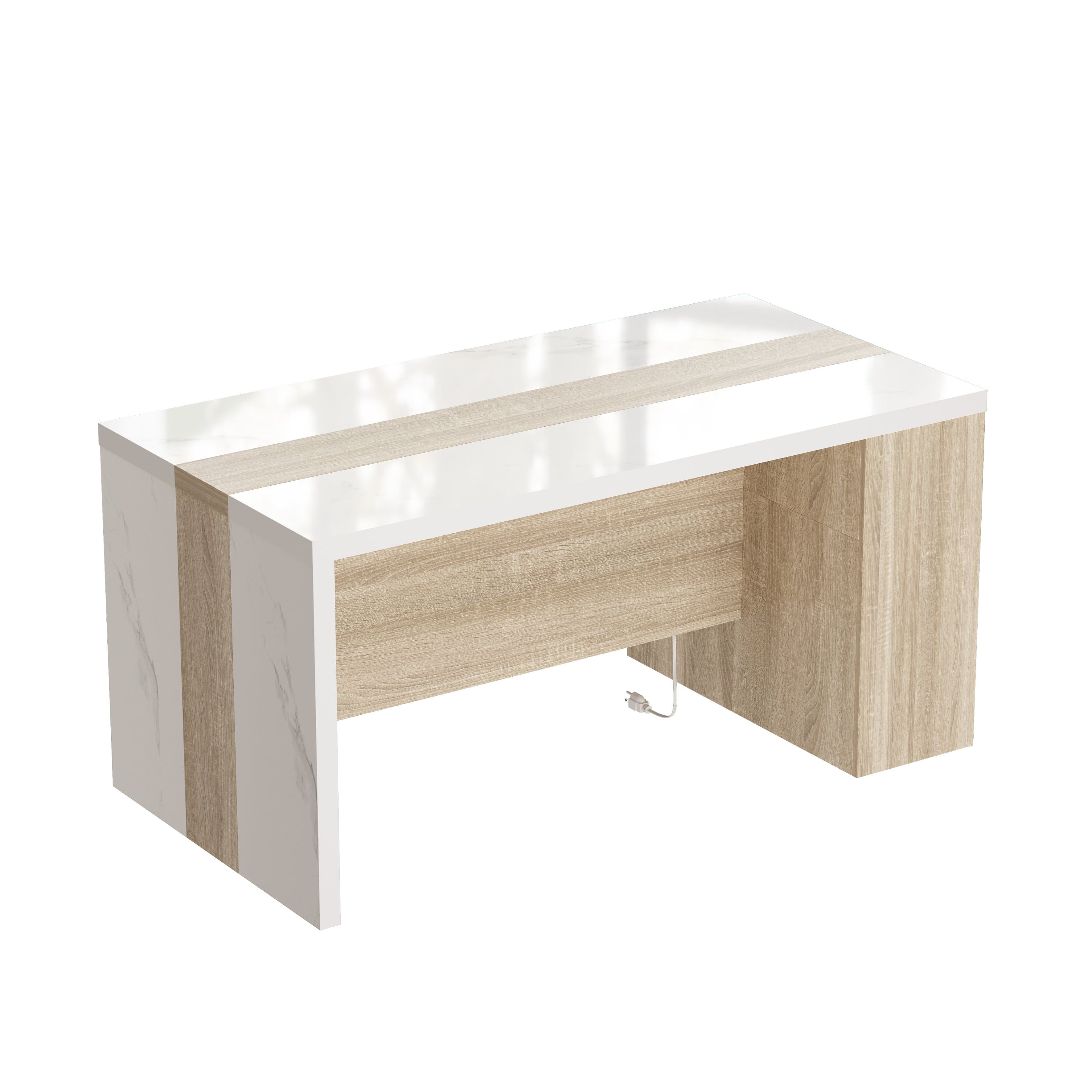 Famapy - Modern Writing Desk with Storage Shelves, Home Office Study Desk with Power Strip & Light - White Marble & Light Oak