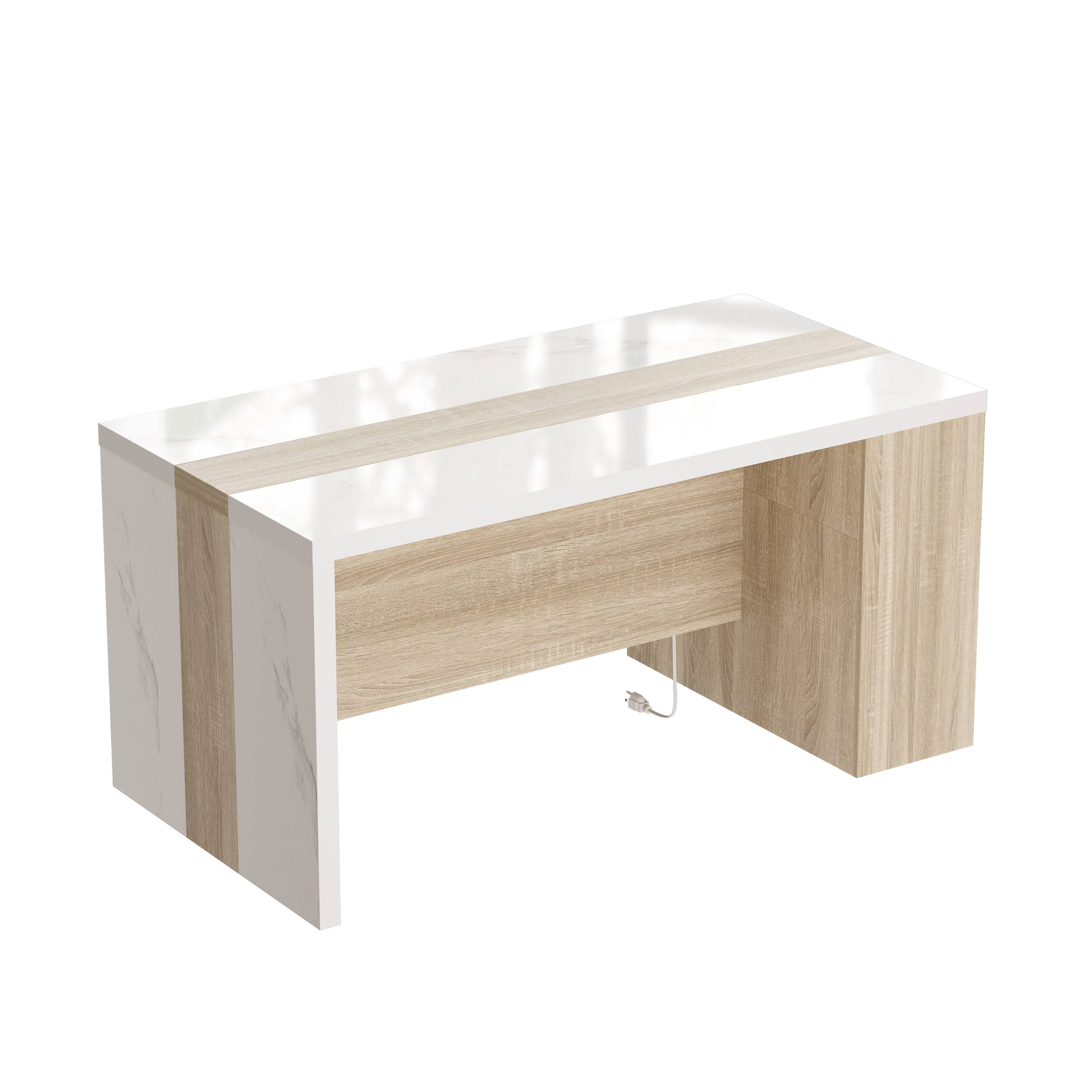 Front. Famapy - Modern Writing Desk with Storage Shelves, Home Office Study Desk with Power Strip & Light. - White Marble & Light Oak.