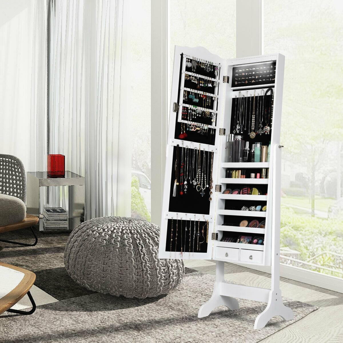 Alt View 3. Gymax - Gymax Mirrored Jewelry Cabinet Armoire Storage Organizer w/Drawer & Led Lights White - Brown.