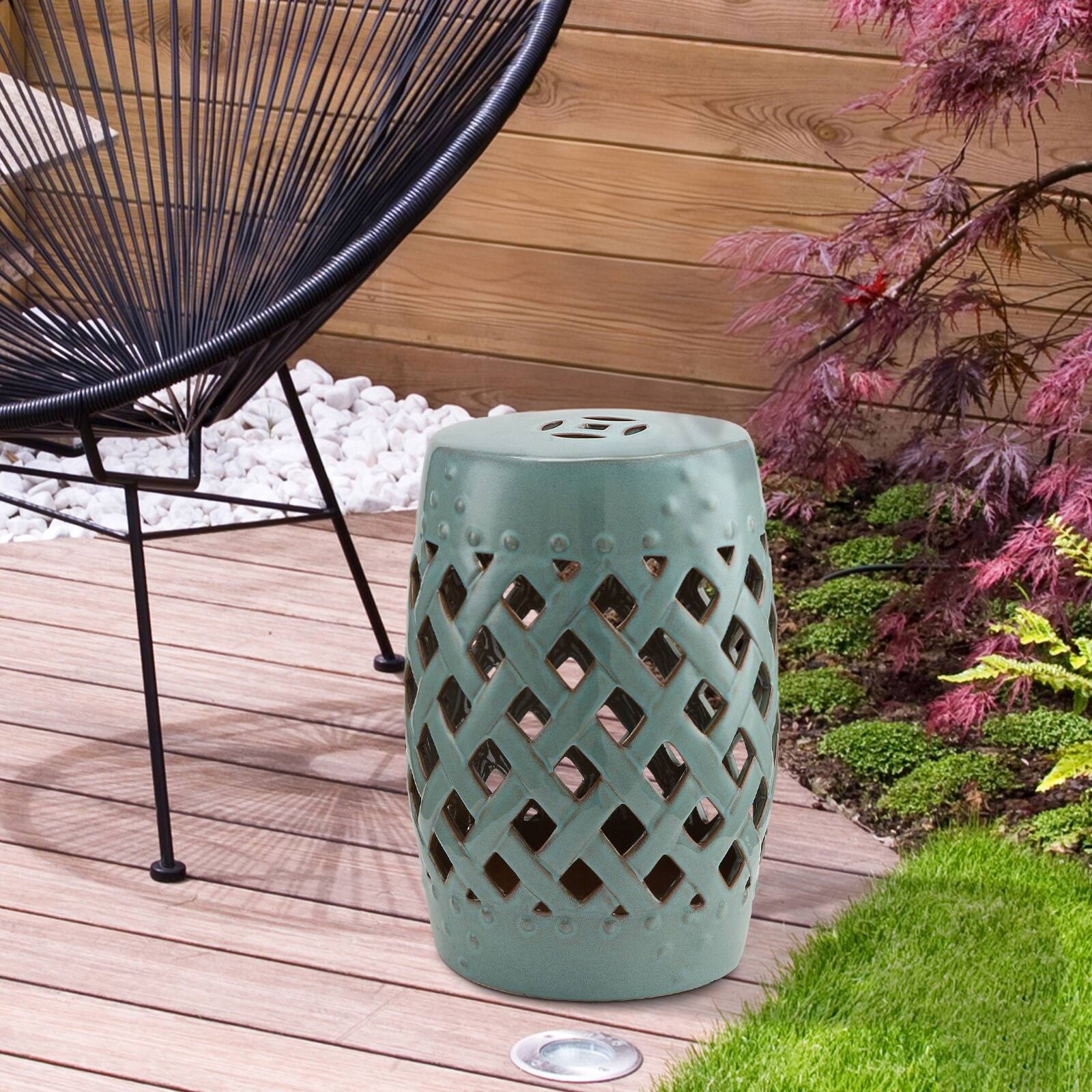 Alt View 1. Outsunny - 13" x 18" Ceramic Garden Stool with Woven Lattice Design & Glazed Strong Materials Decorative Outdoor Stool - Blue.