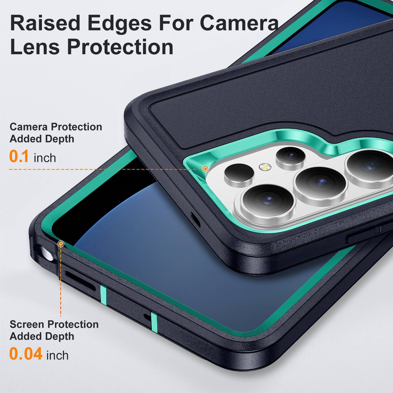 Raised Edges For Camera Lens Protection  
Camera Protection Added Depth 0.1 inch  
Screen Protection Added Depth 0.04 inch