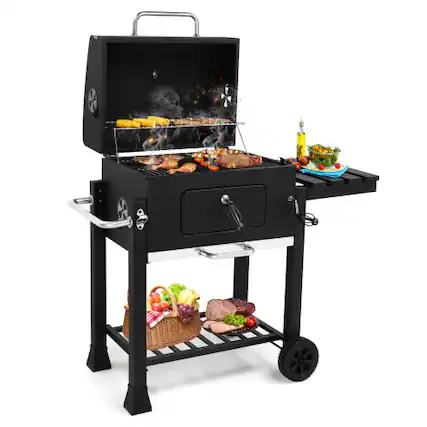 Front. Winado - 46inch Charcoal Grill Barbecue Smoker with Foldable Side Table, Wheels Heavy Duty for Outdoor Patio Cooker Camping Party - Black.
