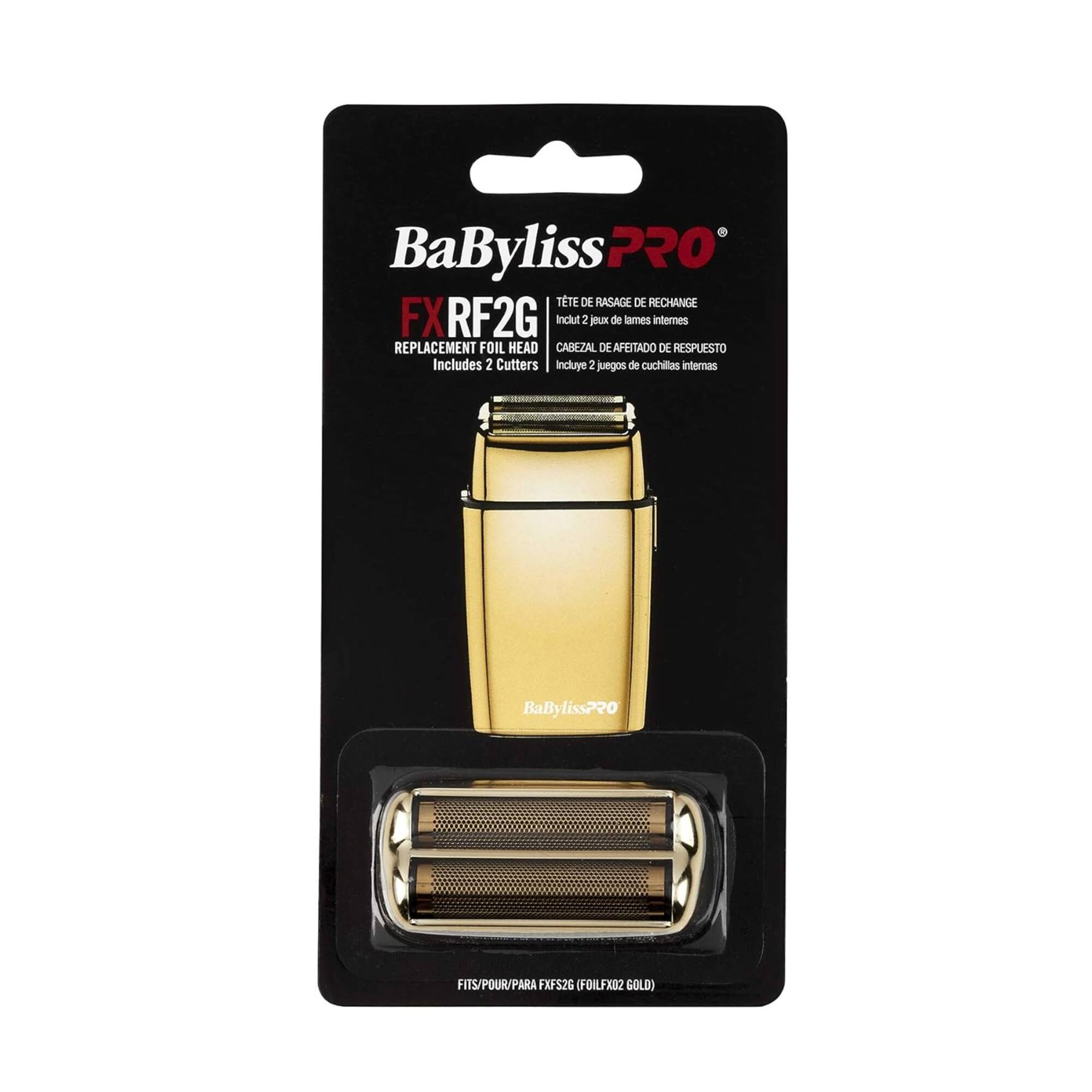 BaByliss PRO FXRF2G REPLACEMENT FOIL HEAD (Includes 2 Cutters)  
TÊTE DE RASAGE DE RECHANGE (Inclut 2 jeux de lames internes)  
CABEZAL DE AFEITADO DE RESPUESTA (Incluye 2 juegos de cuchillas internas)  
FITS/POUR/PARA XF526 (FOILFX02 GOLD)