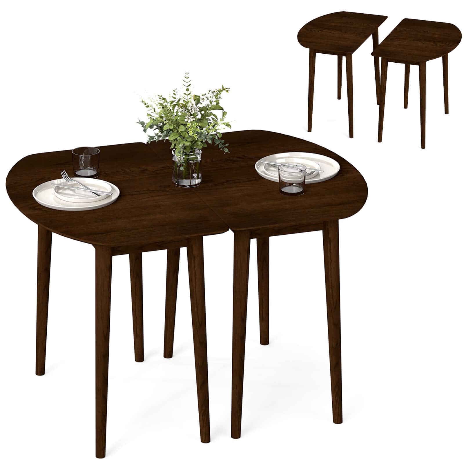 Costway - 45" Extendable Oval Dining Table Set with 2 Half-Round Tables for 4-6 People - Walnut