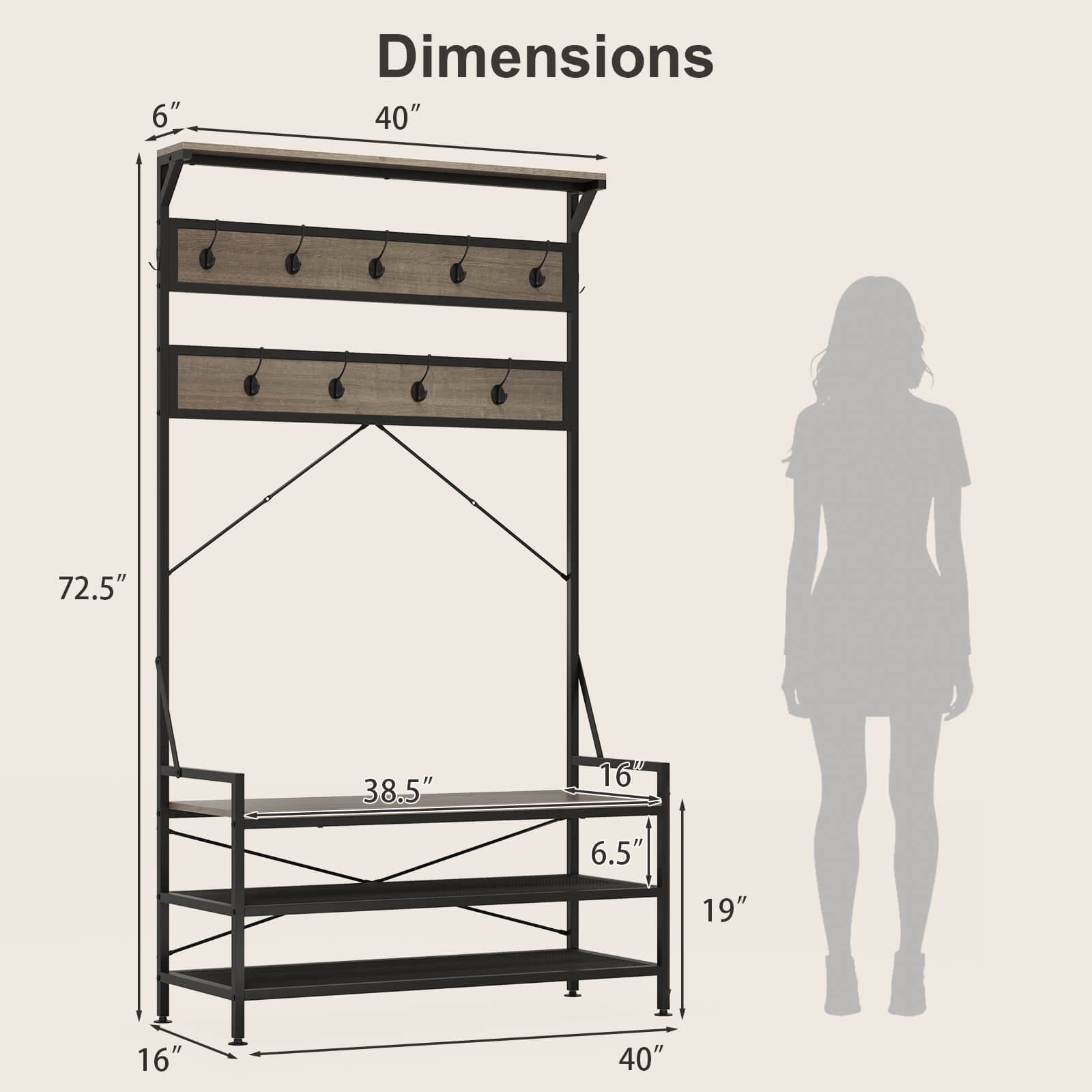 Dimensions  
6"  
40"  
72.5"  
38.5"  
16"  
6.5"  
19"  
16"  
40"