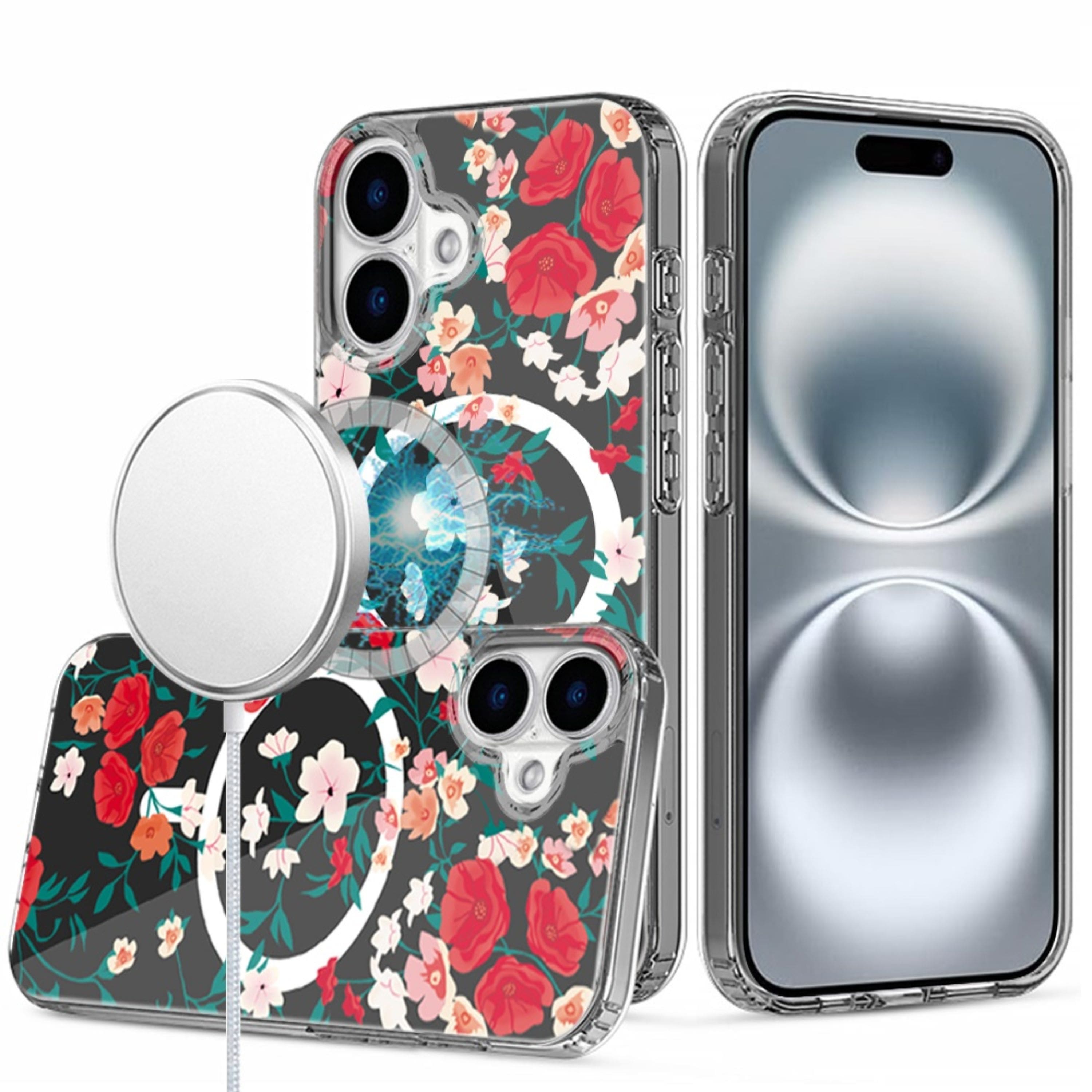 Kitcheniva - Floral Print Magnetic Circle Clear Case With Tempered Glass For iPhone 16 E - Multicolor