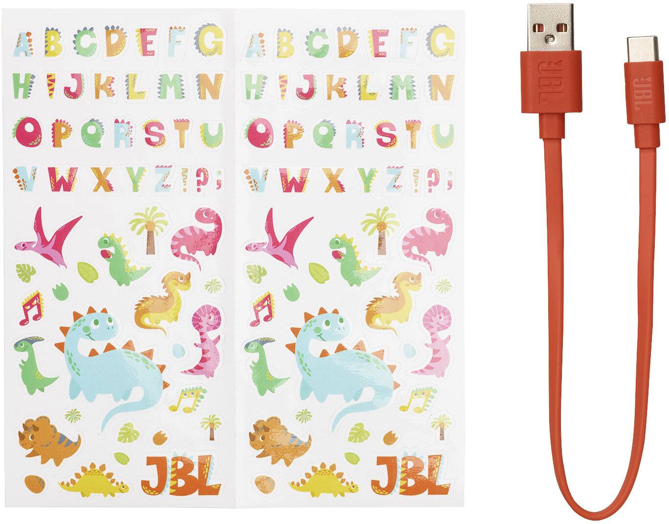 Sure, here is the corrected and grouped text from the image:

**Alphabet Stickers:**
- ABCDEFG
- HIJKLMN
- OPORSTU
- VWXYZ?

**Dinosaur Stickers:**
- JBL
- JBL

**USB Cable:**
- JBL