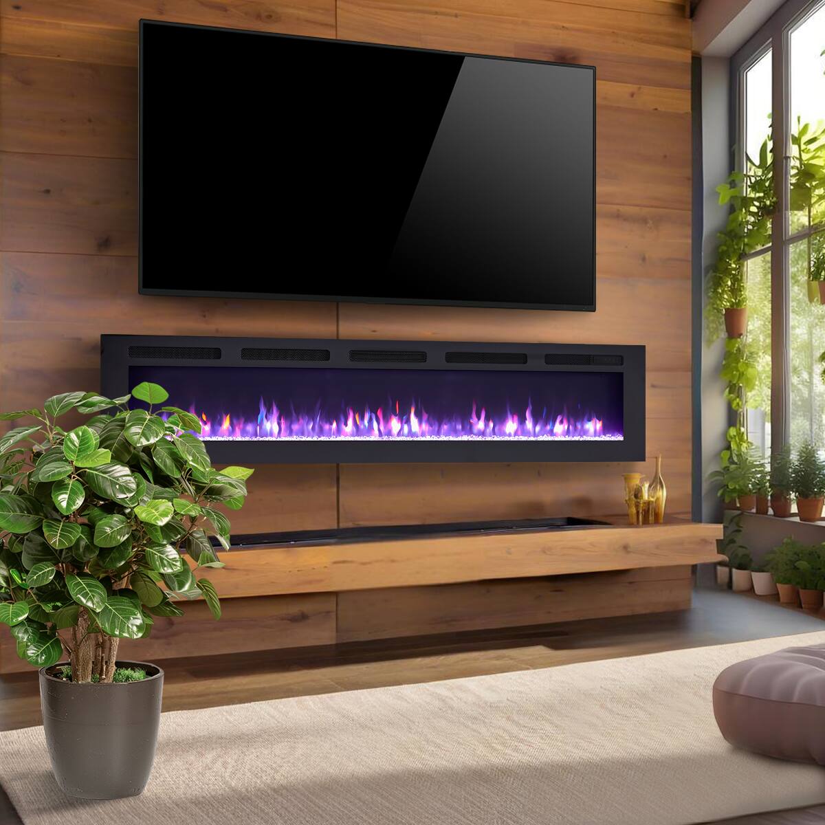 Edendirect - 70 in. Freestanding and Wall Mounted Electric Fireplace with Multi Color Flame - Black