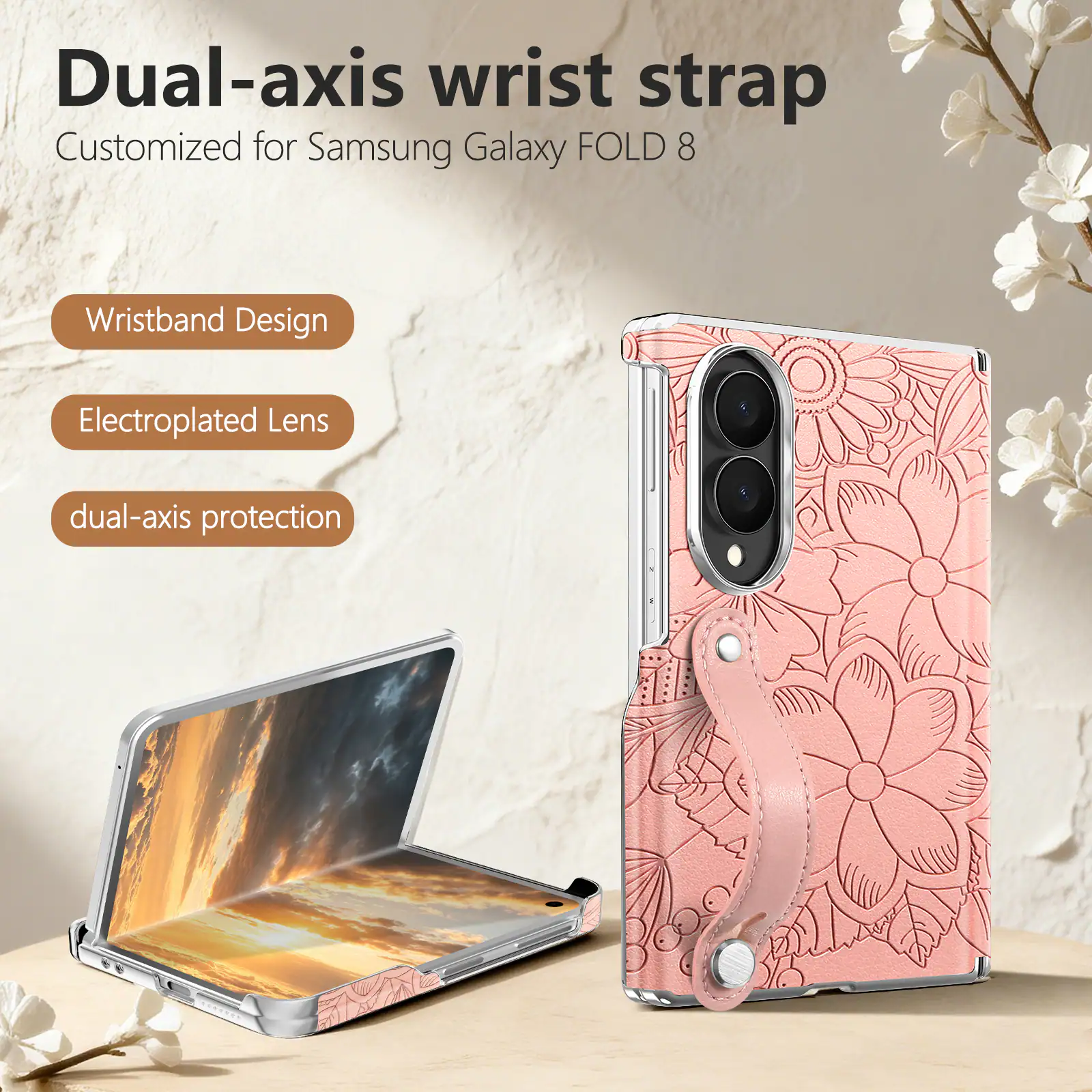 Dual-axis wrist strap  
Customized for Samsung Galaxy FOLD 8  

Wristband Design  
Electroplated Lens  
Dual-axis protection