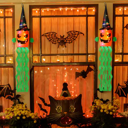 Front. Oumilen - 2-Pack 53 Inch Lighted Halloween Pumpkin Windsock, Colorful LED Jack-O-Lantern Hanging Flag for Porch Yard Decor - Orange.