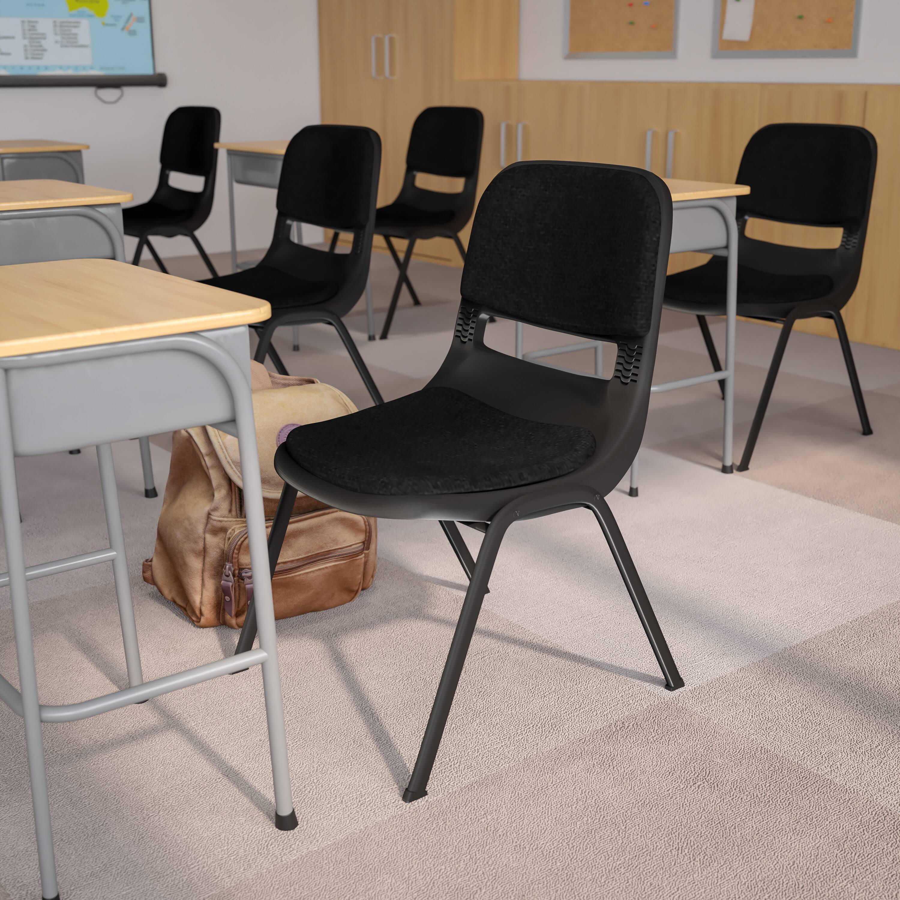 Alt View 1. Emma + Oliver - 880 lb. Capacity Padded Ergonomic Shell Stack Chair with Metal Frame - Black.