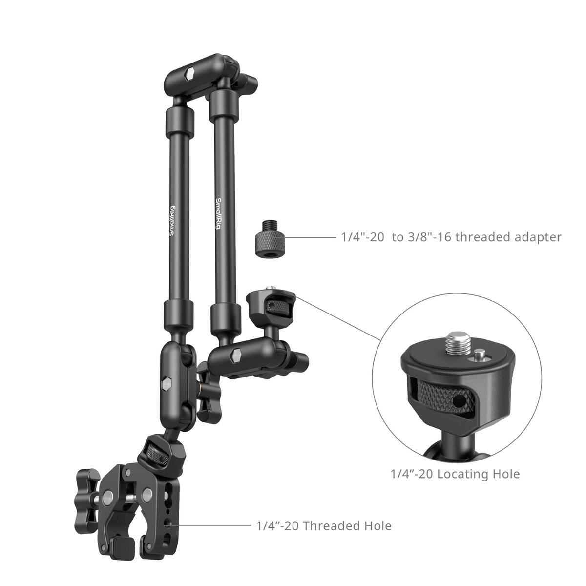 SmallRig

1/4"-20 to 3/8"-16 threaded adapter

1/4"-20 Locating Hole

1/4"-20 Threaded Hole