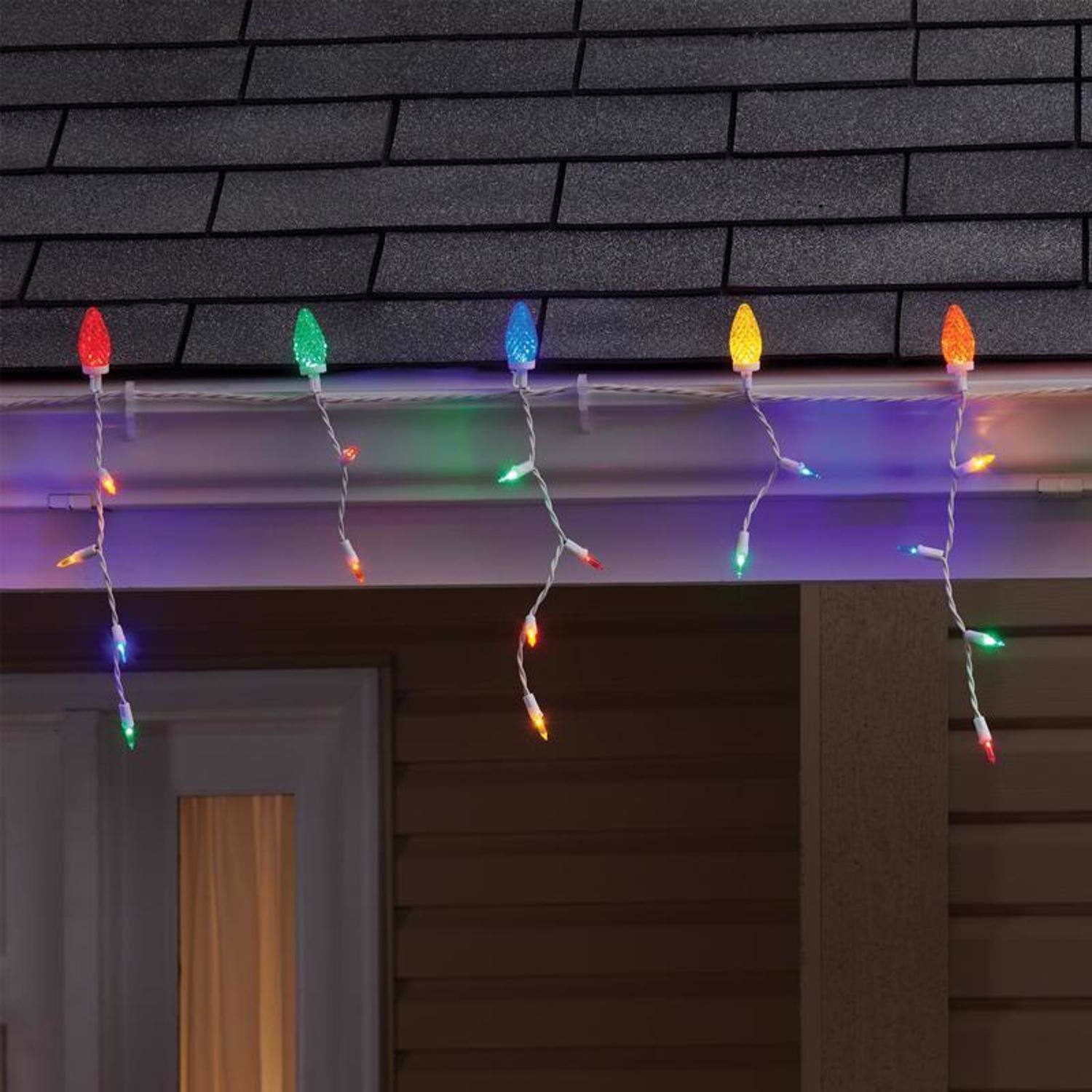 Left. Celebrations - Celebrations Blue LED C9 Multicolored 70 ct Icicle Christmas Lights 9 ft..