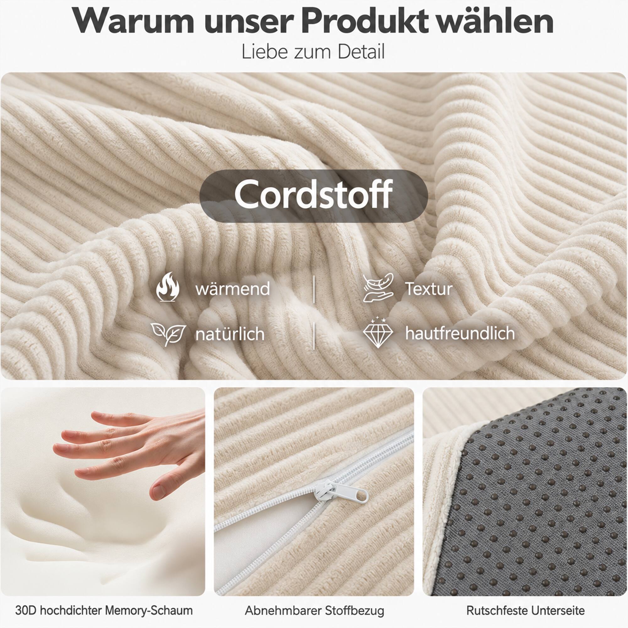 Warum unser Produkt wählen  
Liebe zum Detail

Cordstoff  
wärzend  
Textur  
natürlich  
hautfreundlich

30D hochdichter Memory-Schaum  
Abnehmbarer Stoffbezug  
Rutschfeste Unterseite