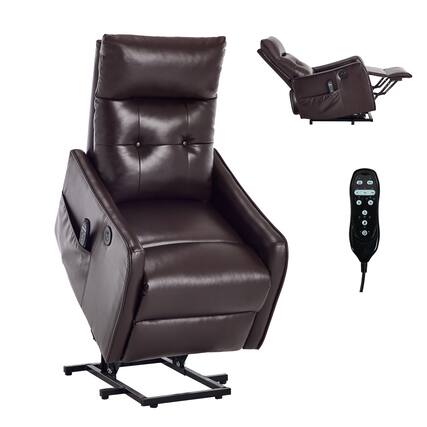Front. LUCKY ONE - Faux Leather Single Motor Power Lift Recliner Chair with Massage, Heat & USB Charging - Brown.