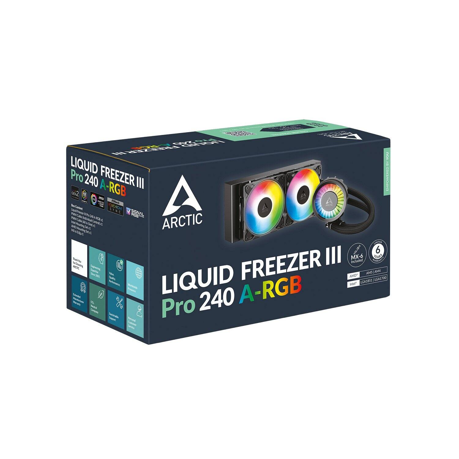 LIQUID FREEZER III Pro 240 A-RGB  
ARCTIC  
LIQUID FREEZER III Pro 240 A-RGB  
MX-6 Included  
6 PWM SIGNAL  
AMD / INTEL  
LIQUID VORTEX  
A-RGB  
240