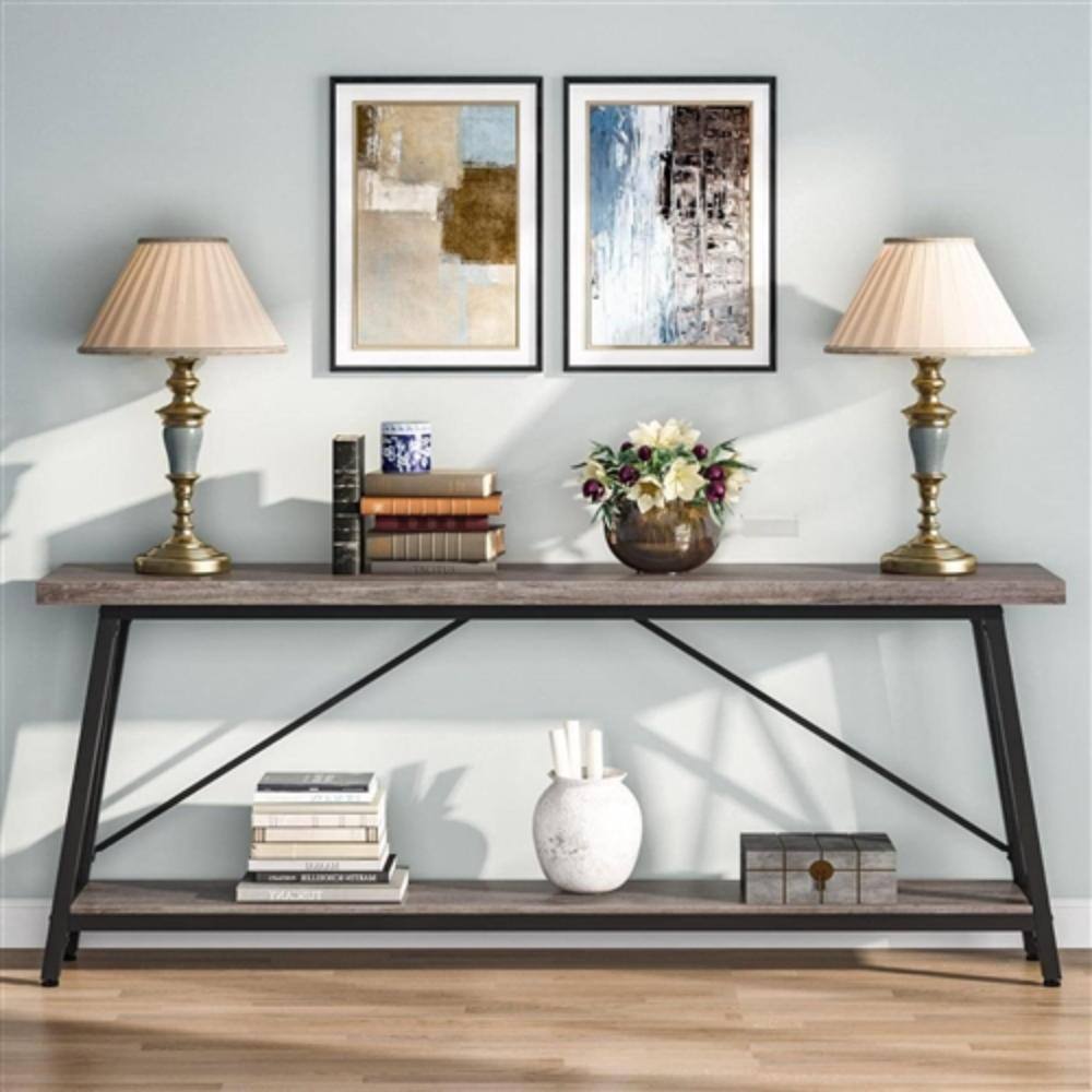 Left. Hivvago - Heavy Duty 70-inch Industrial Grey Wood Top Sofa Table with Black Metal Frame - Light Gray & Black.