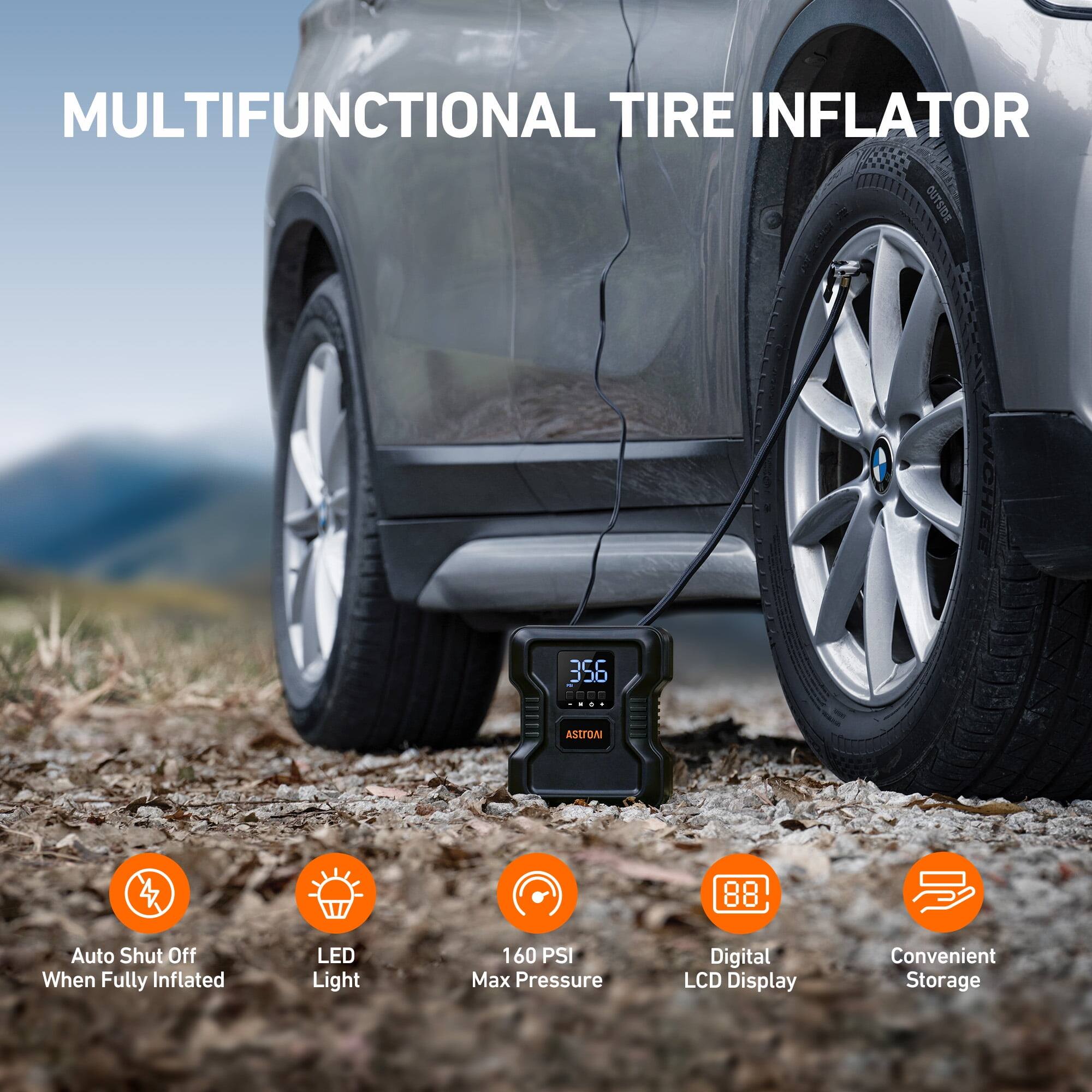 MULTIFUNCTIONAL TIRE INFLATOR OUTSIDE KS 356 AStrOAI Auto Shut Off When Fully Inflated LED Light 160 PSI Max Pressure Digital LCD Display Convenient Storage