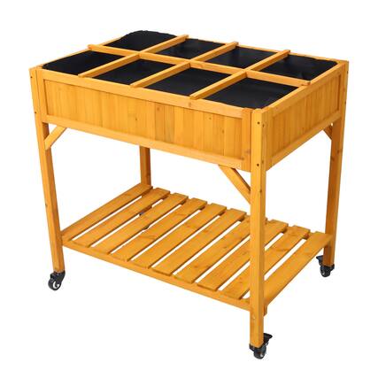 Front. GOODSILO - Mobile Elevated Garden Bed with Locking Wheels and Storage Shelf - 8 Pocket Wood Planter for Herbs and Vegetables - Brown.