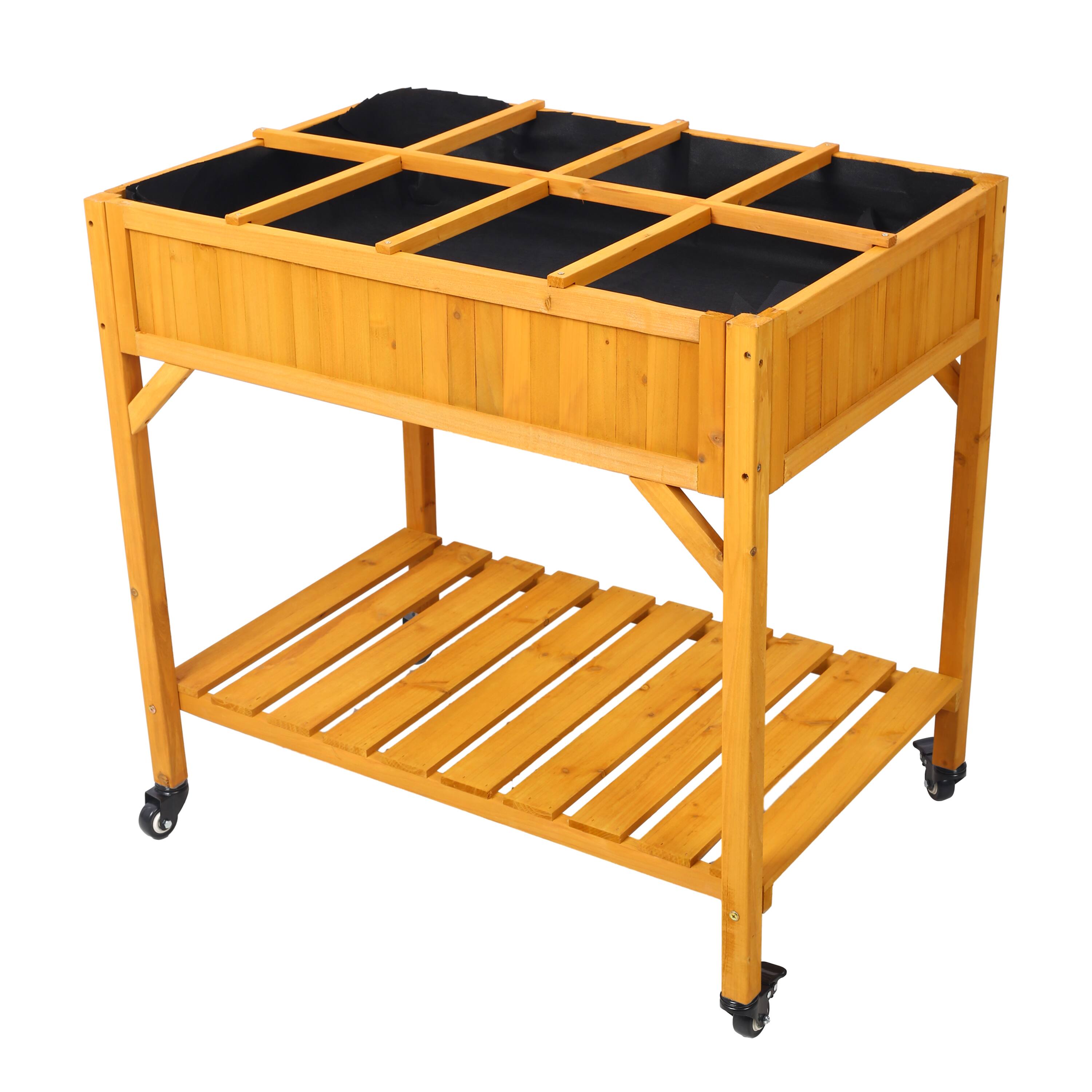 Front. GOODSILO - Mobile Elevated Garden Bed with Locking Wheels and Storage Shelf - 8 Pocket Wood Planter for Herbs and Vegetables - Brown.