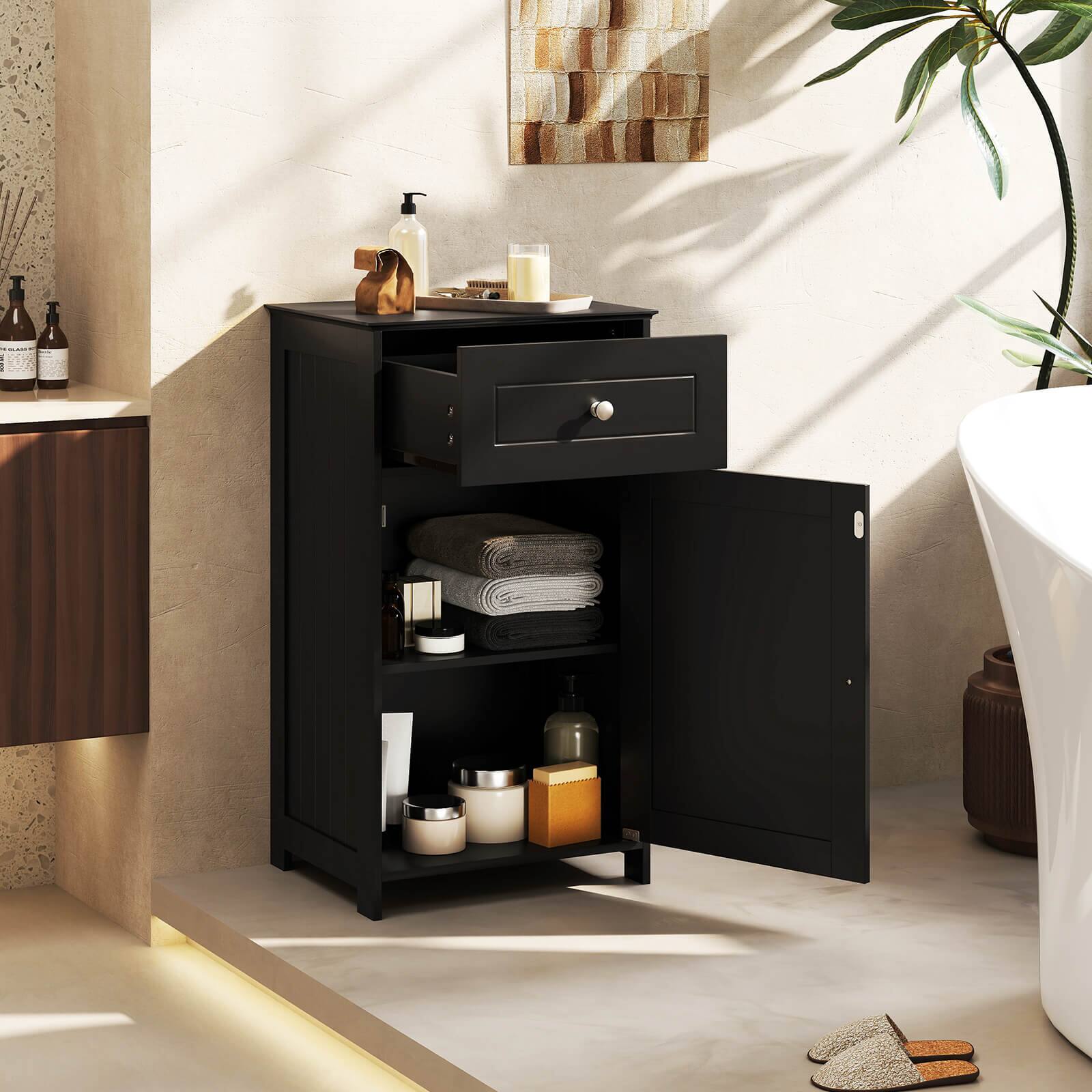 Alt View 1. Costway - Costway White Floor Storage Cabinet Bathroom Organizer Cupboard Drawer Shelf Bath Towel Black - Black.