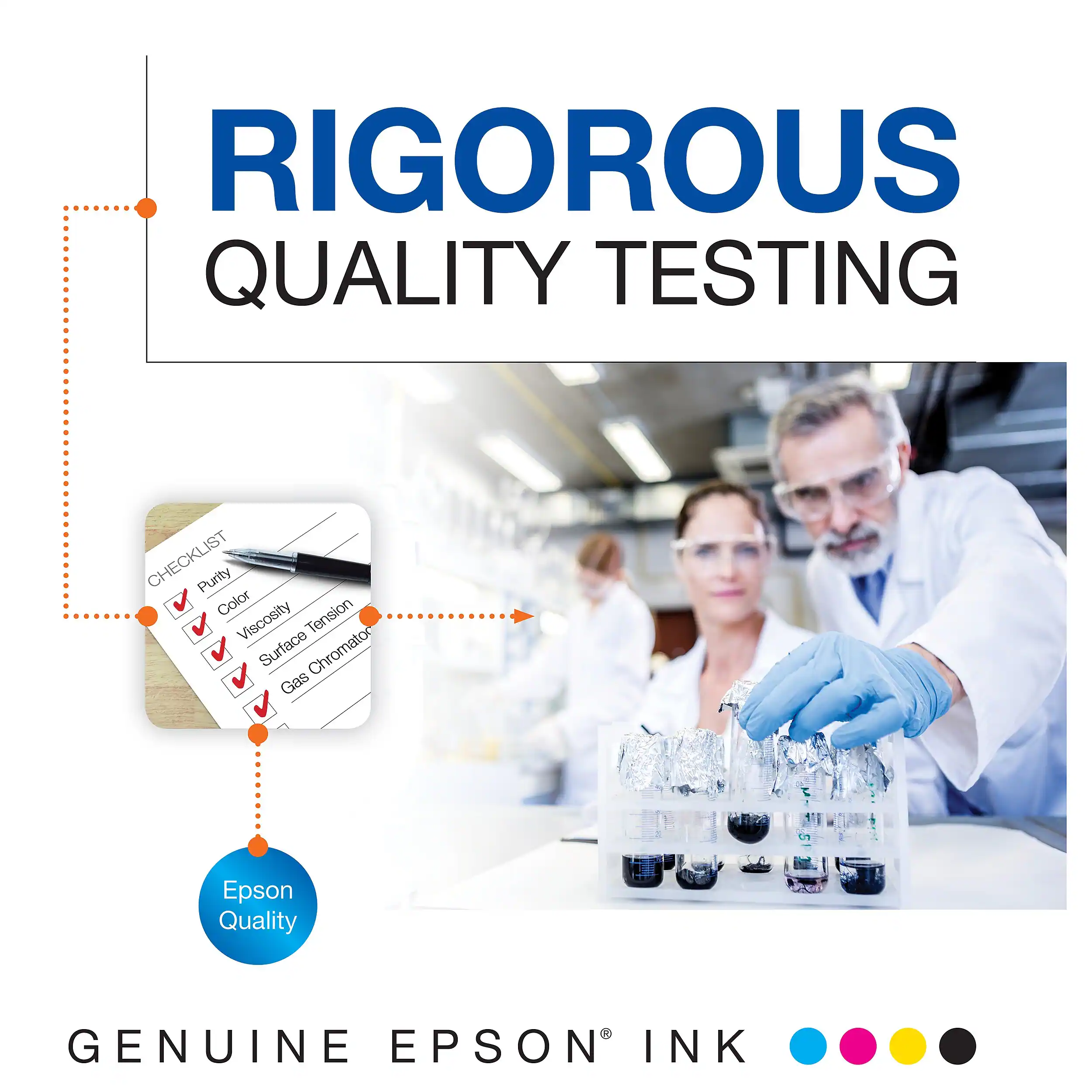 RIGOROUS QUALITY TESTING CHECKLIST

- Purity
- Color
- Viscosity
- Tension
- Surface
- Chromator
- Gas

Epson Quality

GENUINE EPSON INK