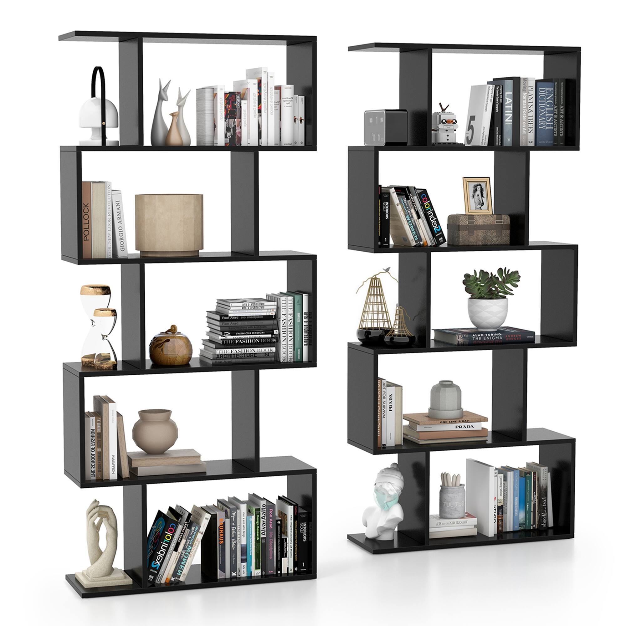 Costway - 2 PCS 5-Tier Bookshelf Geometric S-Shaped Bookcase Room Divider Storage Display - Black