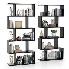 Costway - 2 PCS 5-Tier Bookshelf Geometric S-Shaped Bookcase Room Divider Storage Display - Black