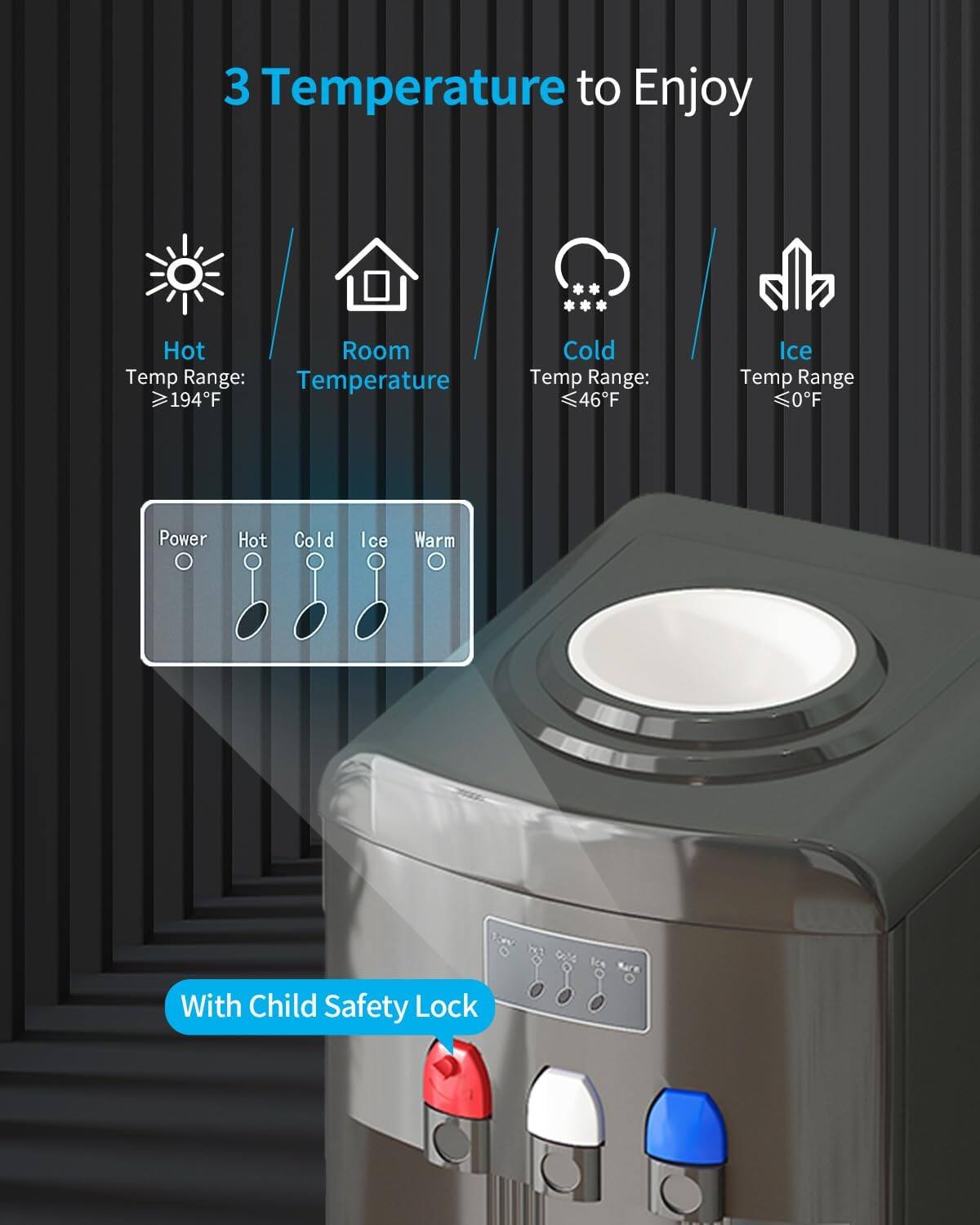3 Temperature to Enjoy

- Hot Temp Range: ≥194°F
- Room Temperature
- Cold Temp Range: ≤46°F
- Ice Temp Range: ≤0°F

Power Hot Cold Ice Warm

With Child Safety Lock