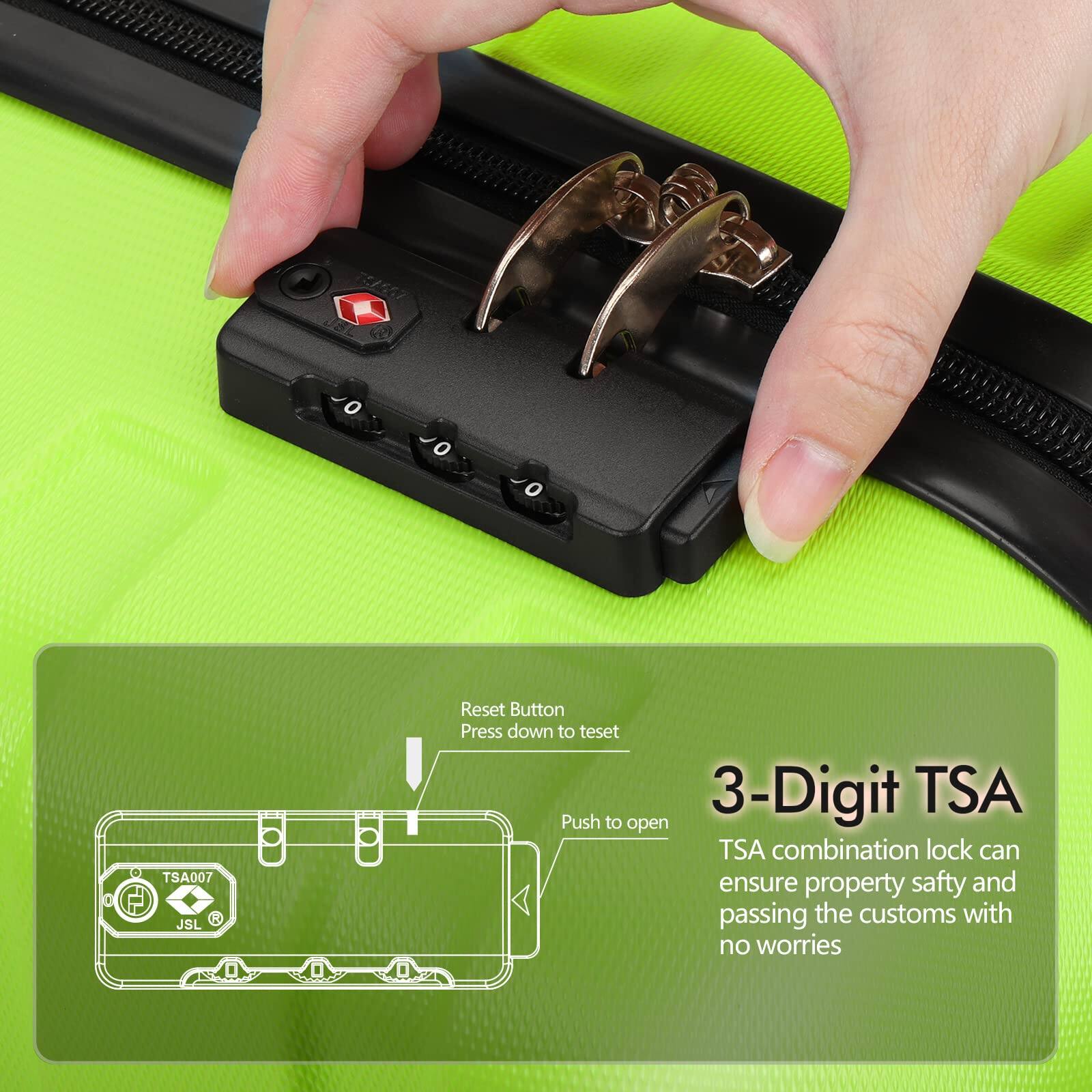 O TSA007 JSL & Reset Button Press down to reset 3-Digit TSA Push to open TSA combination lock can ensure property safety and passing the customs with no worries